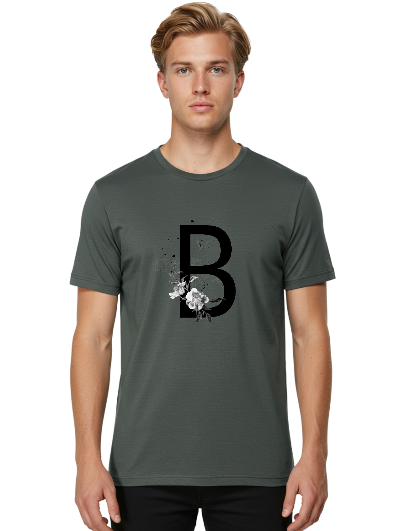 B Men'S Graphic Tee, 100% Cotton, Comfortable Casual Summer Wear, Machine Washable, Large Letter B, Floral Design, White Flowers, Hummingbird, Black Silhouette, Whimsical Illustration, Botanical Art, Black Stars Aac290 18