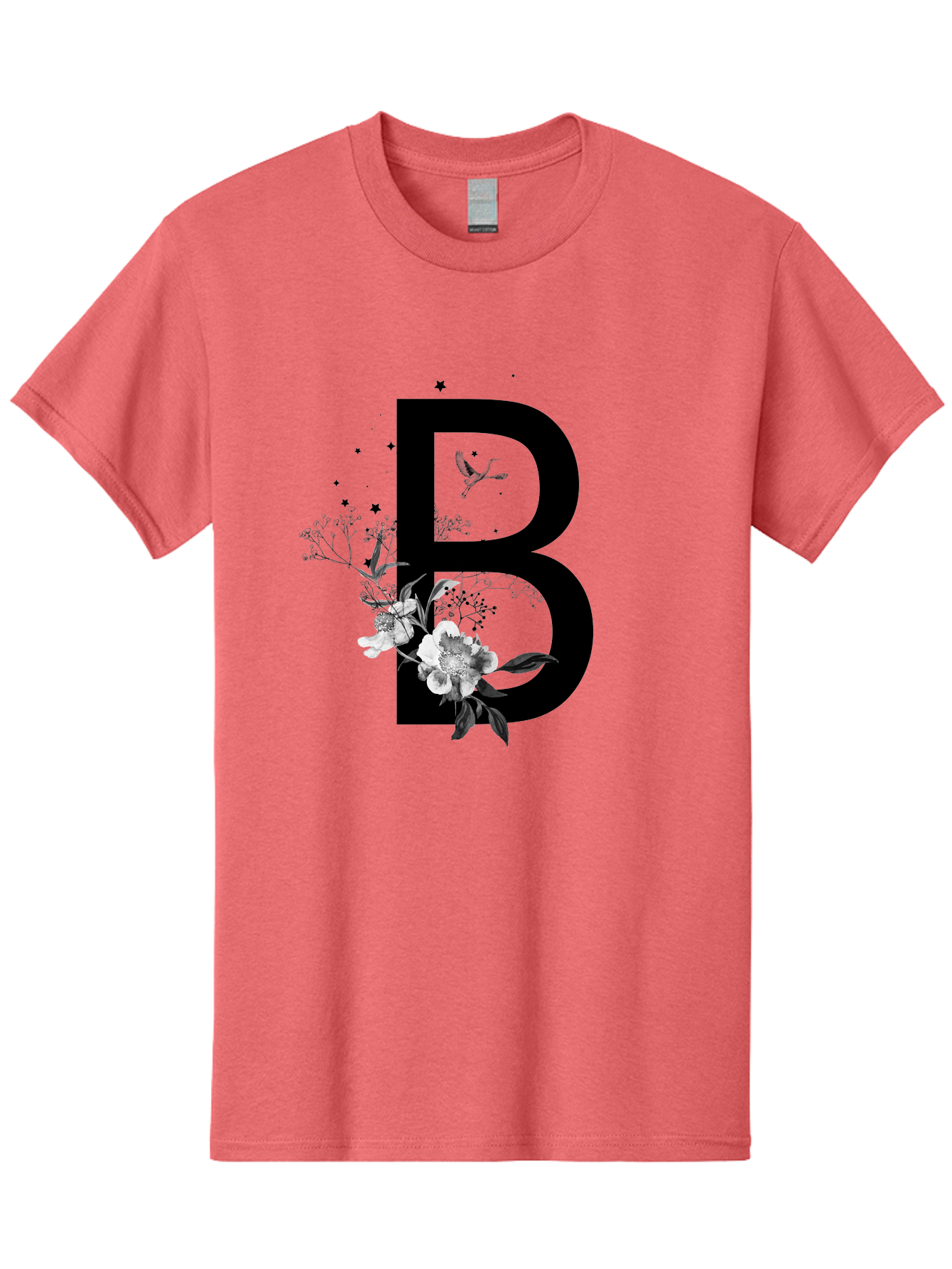 B Men'S Graphic Tee, 100% Cotton, Comfortable Casual Summer Wear, Machine Washable, Large Letter B, Floral Design, White Flowers, Hummingbird, Black Silhouette, Whimsical Illustration, Botanical Art, Black Stars Aac290 29