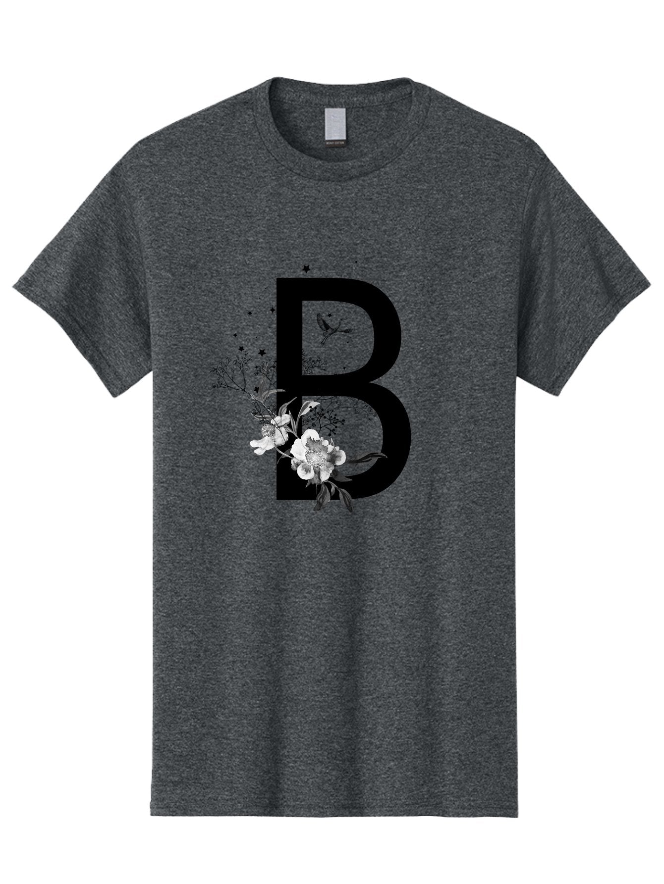 B Men'S Graphic Tee, 100% Cotton, Comfortable Casual Summer Wear, Machine Washable, Large Letter B, Floral Design, White Flowers, Hummingbird, Black Silhouette, Whimsical Illustration, Botanical Art, Black Stars Aac290 12