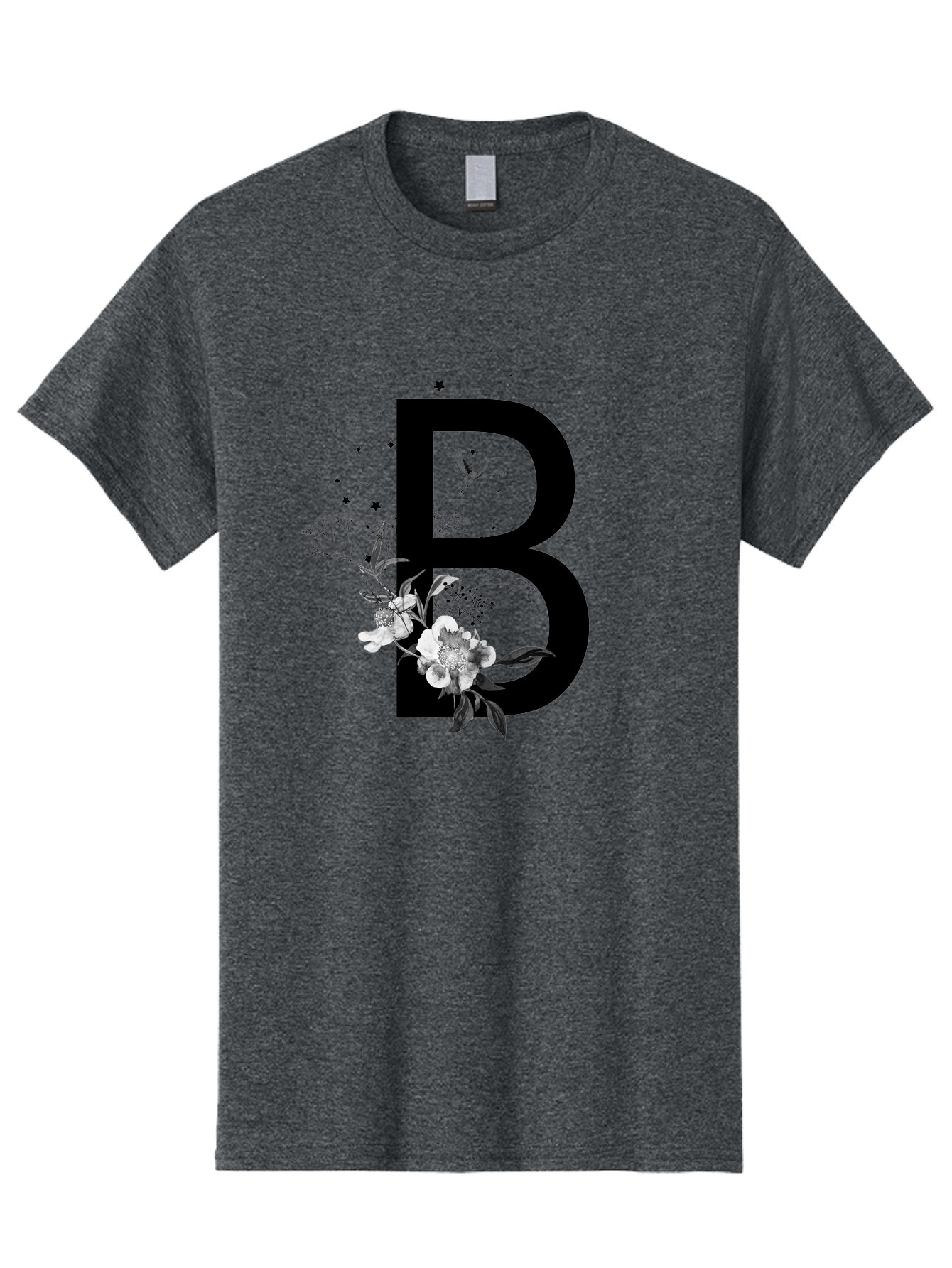 B Men'S Graphic Tee, 100% Cotton, Comfortable Casual Summer Wear, Machine Washable, Large Letter B, Floral Design, White Flowers, Hummingbird, Black Silhouette, Whimsical Illustration, Botanical Art, Black Stars Aac290 5