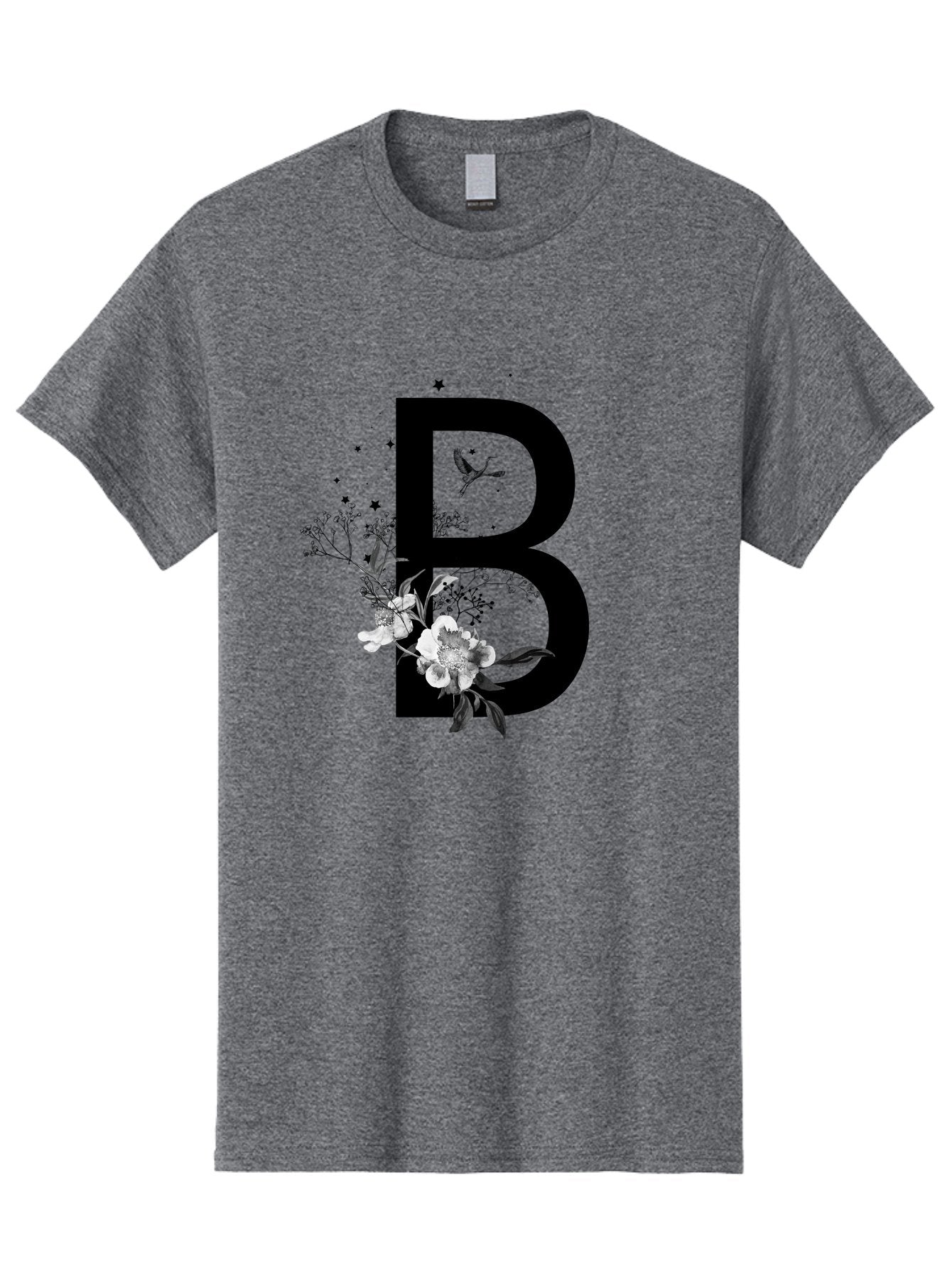 B Men'S Graphic Tee, 100% Cotton, Comfortable Casual Summer Wear, Machine Washable, Large Letter B, Floral Design, White Flowers, Hummingbird, Black Silhouette, Whimsical Illustration, Botanical Art, Black Stars Aac290 7