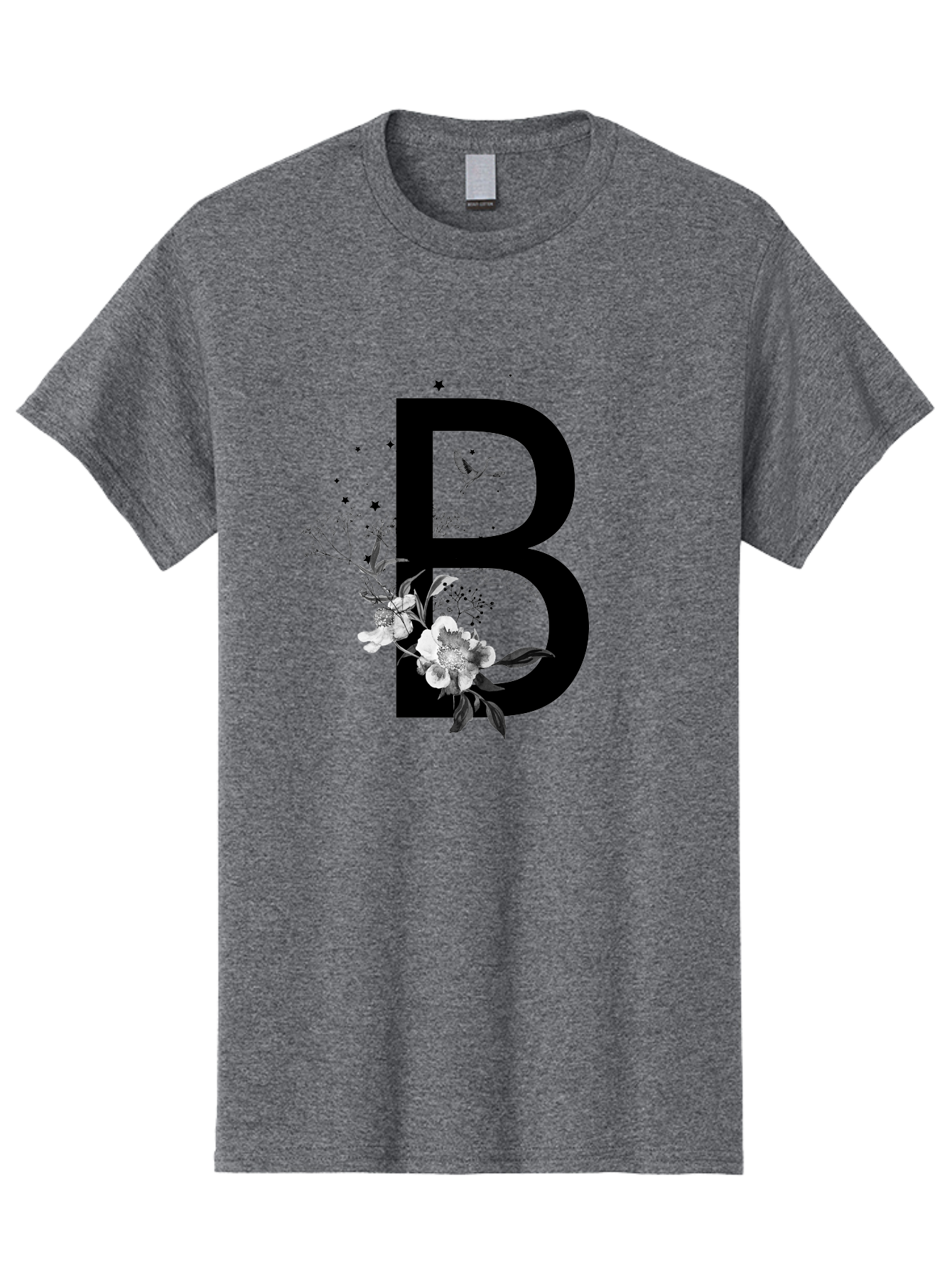 B Men'S Graphic Tee, 100% Cotton, Comfortable Casual Summer Wear, Machine Washable, Large Letter B, Floral Design, White Flowers, Hummingbird, Black Silhouette, Whimsical Illustration, Botanical Art, Black Stars Aac290 25