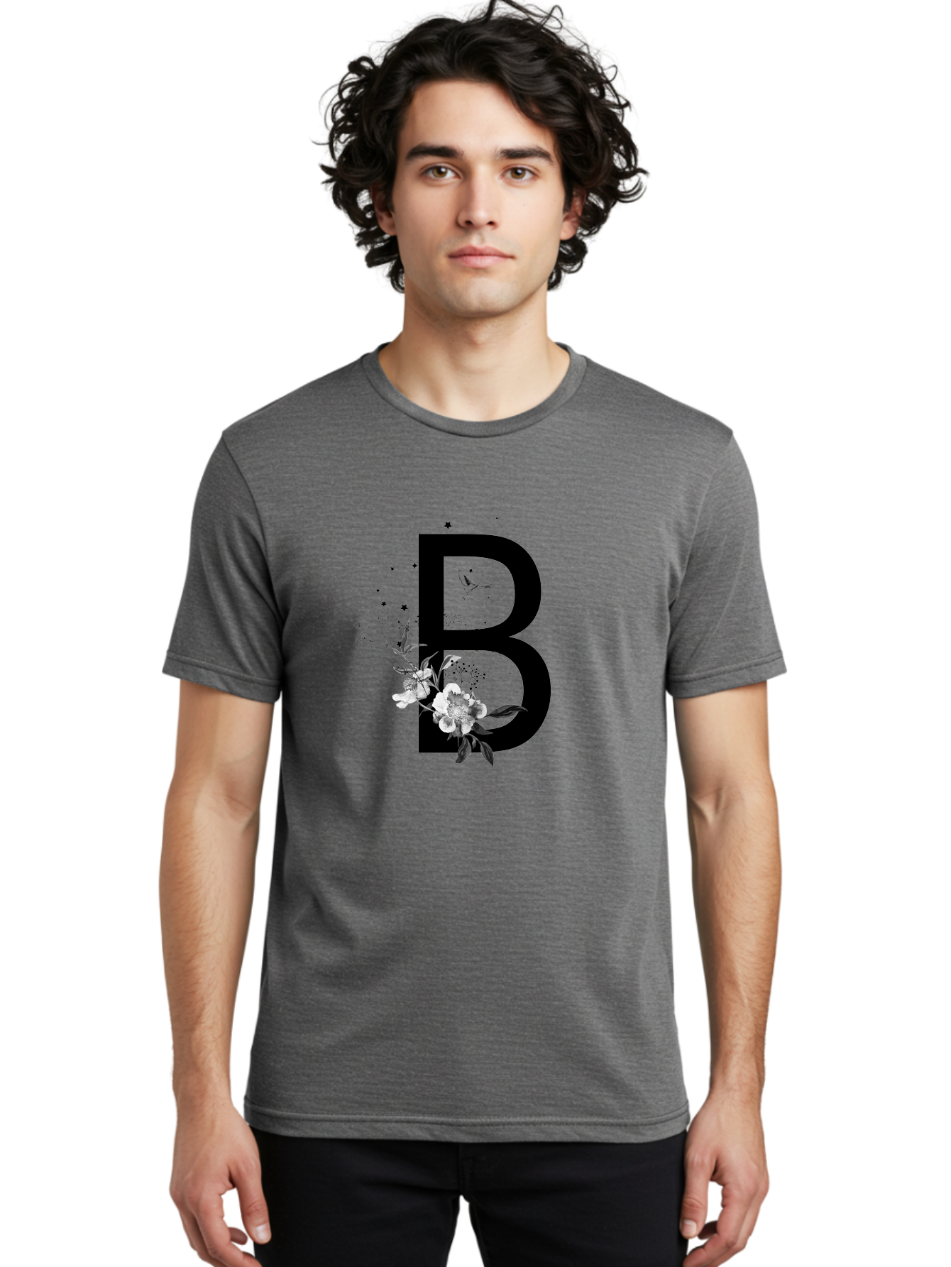 B Men'S Graphic Tee, 100% Cotton, Comfortable Casual Summer Wear, Machine Washable, Large Letter B, Floral Design, White Flowers, Hummingbird, Black Silhouette, Whimsical Illustration, Botanical Art, Black Stars Aac290 26