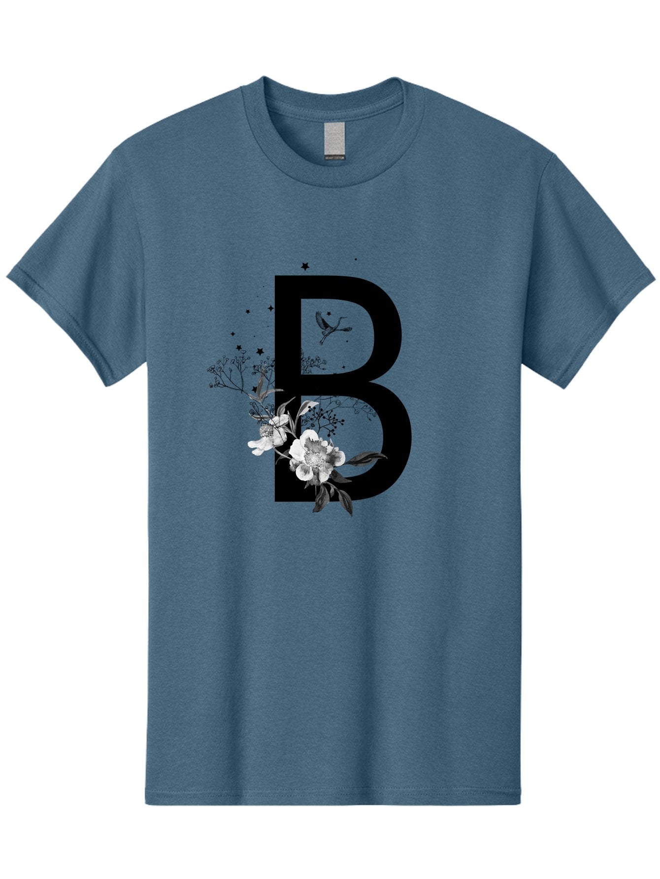 B Men'S Graphic Tee, 100% Cotton, Comfortable Casual Summer Wear, Machine Washable, Large Letter B, Floral Design, White Flowers, Hummingbird, Black Silhouette, Whimsical Illustration, Botanical Art, Black Stars Aac290 11