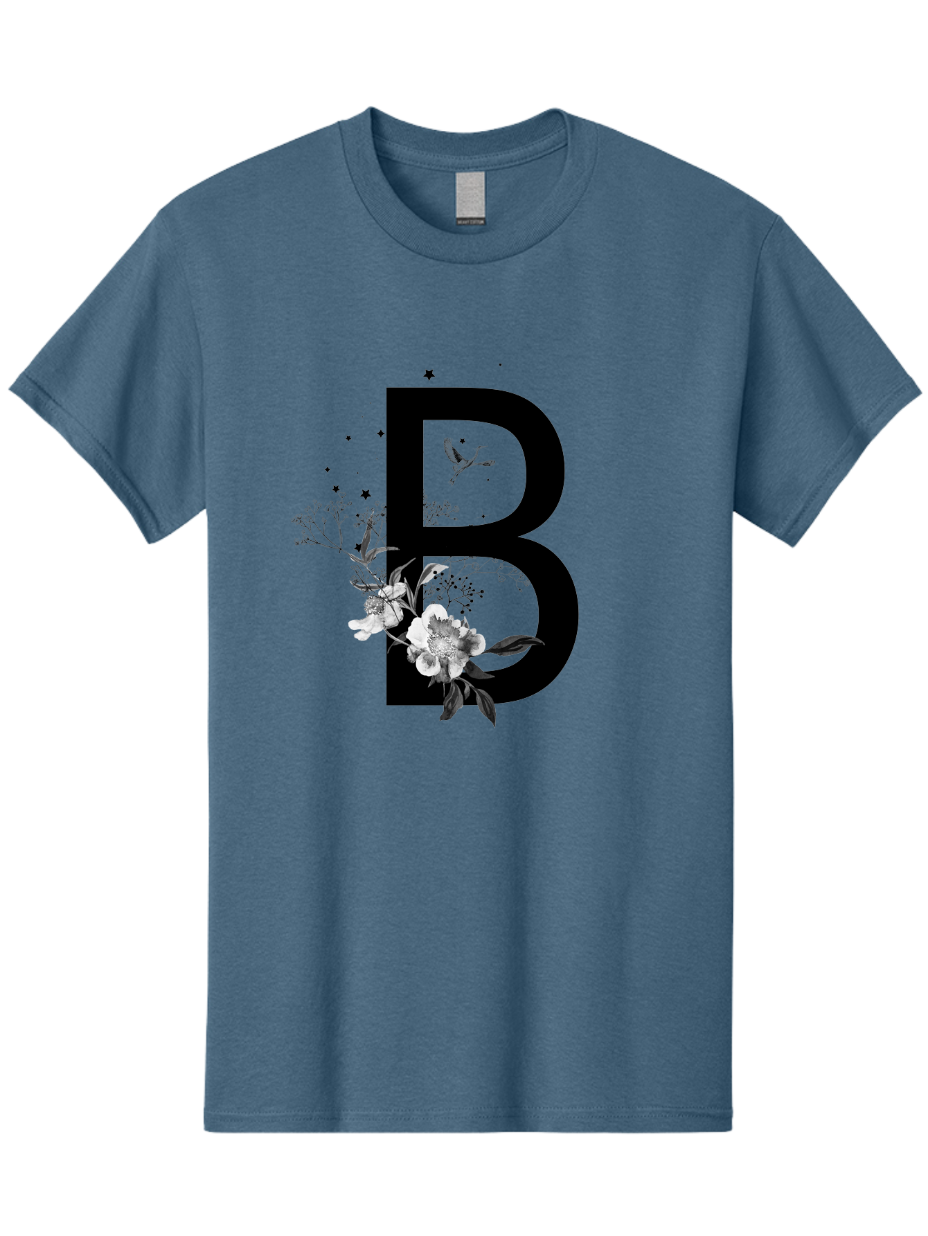 B Men'S Graphic Tee, 100% Cotton, Comfortable Casual Summer Wear, Machine Washable, Large Letter B, Floral Design, White Flowers, Hummingbird, Black Silhouette, Whimsical Illustration, Botanical Art, Black Stars Aac290 7