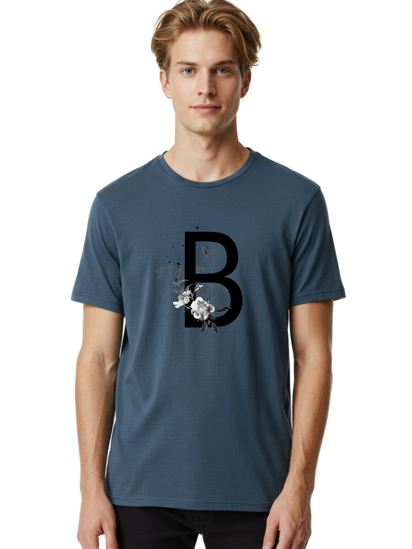 B Men'S Graphic Tee, 100% Cotton, Comfortable Casual Summer Wear, Machine Washable, Large Letter B, Floral Design, White Flowers, Hummingbird, Black Silhouette, Whimsical Illustration, Botanical Art, Black Stars Aac290 8
