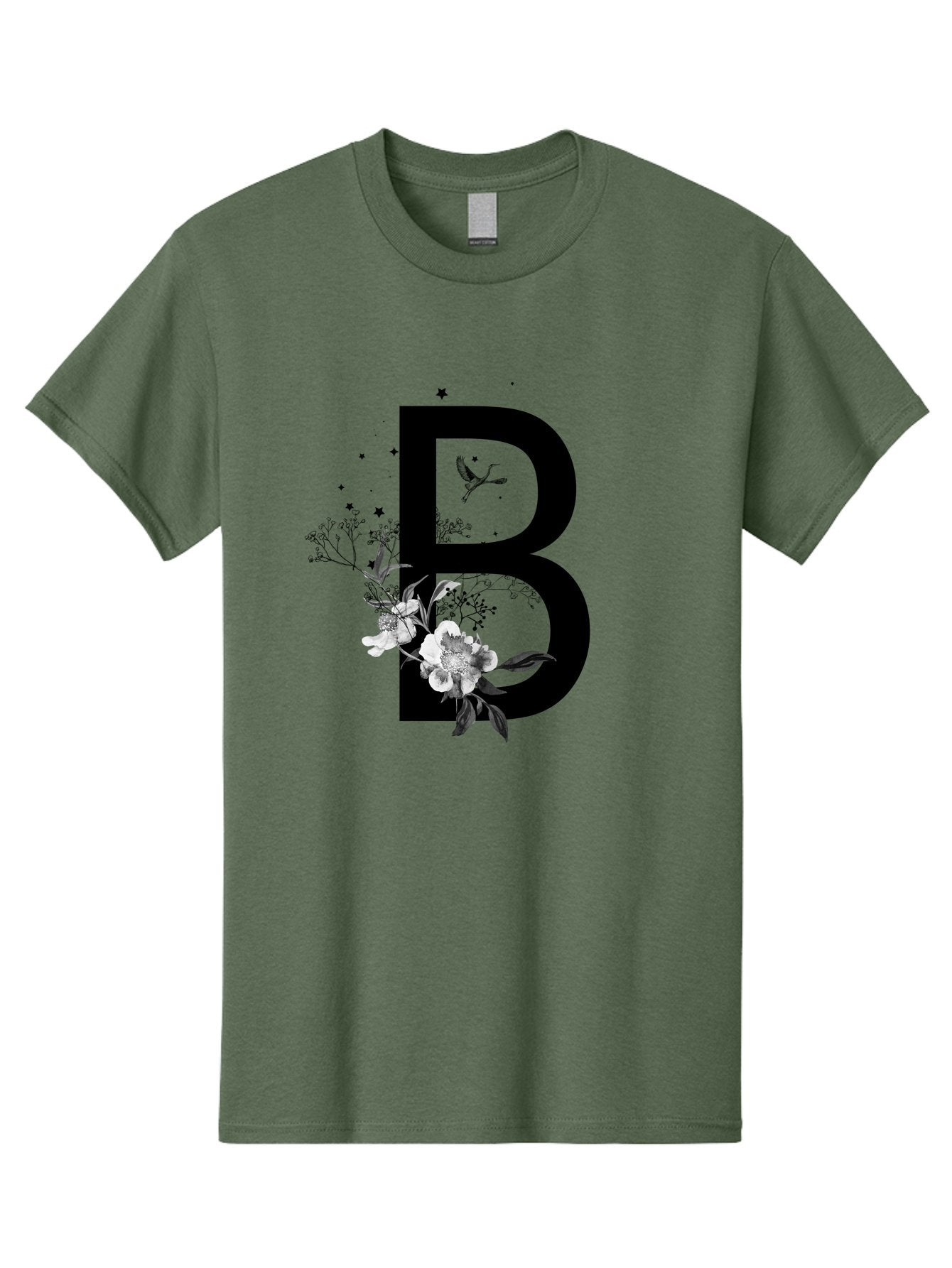 B Men'S Graphic Tee, 100% Cotton, Comfortable Casual Summer Wear, Machine Washable, Large Letter B, Floral Design, White Flowers, Hummingbird, Black Silhouette, Whimsical Illustration, Botanical Art, Black Stars Aac290 4