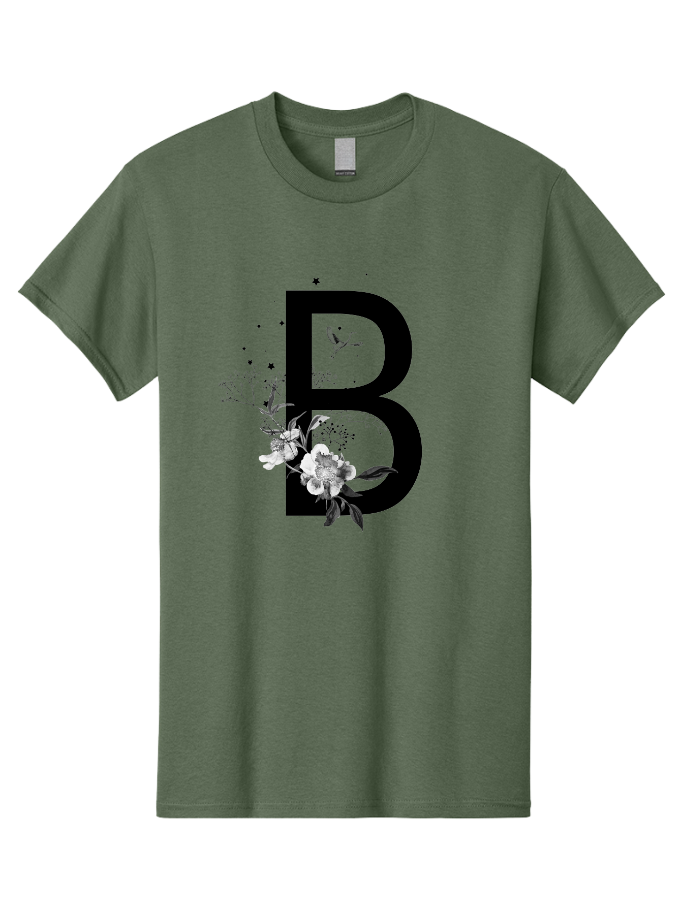 B Men'S Graphic Tee, 100% Cotton, Comfortable Casual Summer Wear, Machine Washable, Large Letter B, Floral Design, White Flowers, Hummingbird, Black Silhouette, Whimsical Illustration, Botanical Art, Black Stars Aac290 23