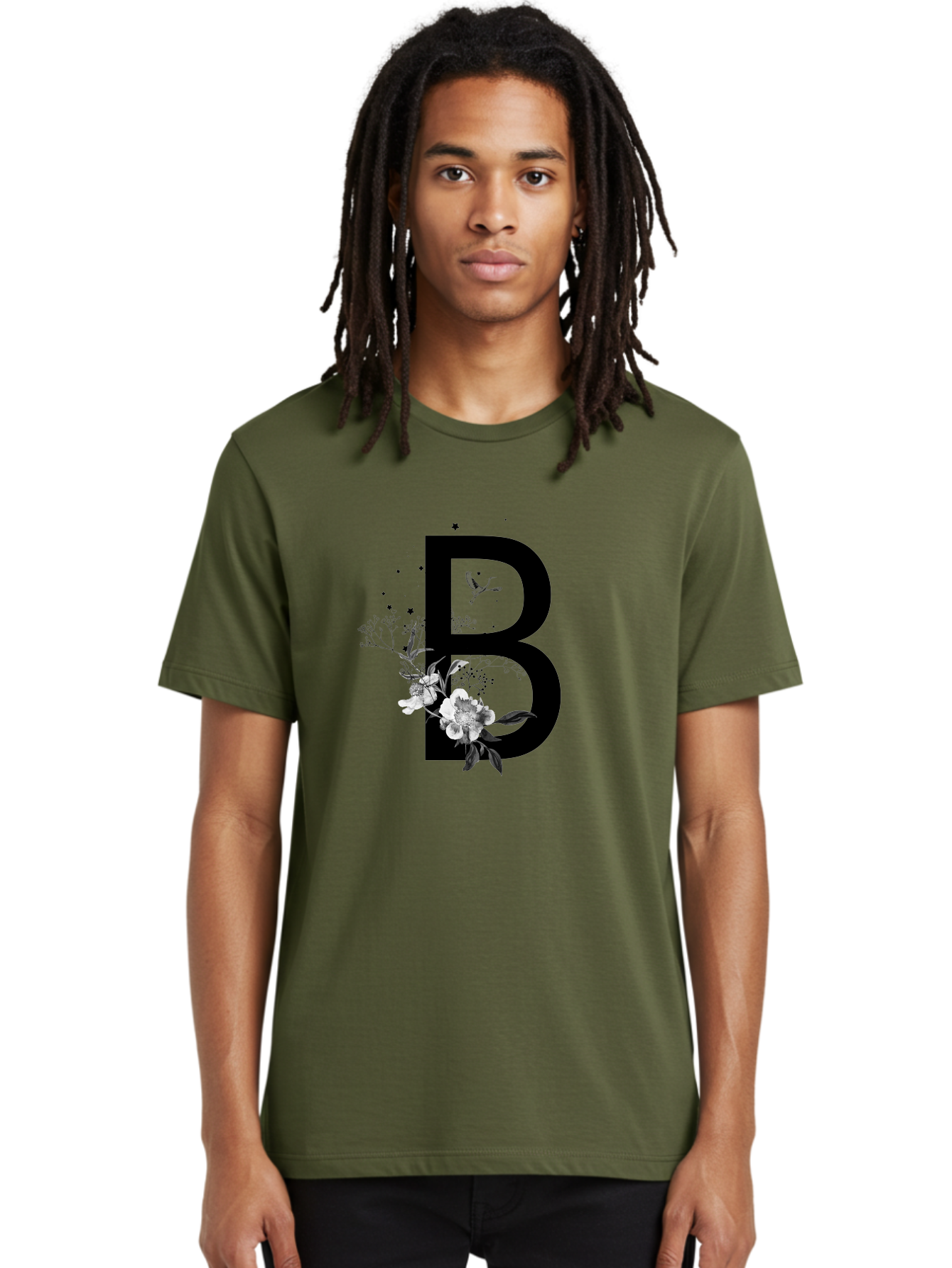 B Men'S Graphic Tee, 100% Cotton, Comfortable Casual Summer Wear, Machine Washable, Large Letter B, Floral Design, White Flowers, Hummingbird, Black Silhouette, Whimsical Illustration, Botanical Art, Black Stars Aac290 24