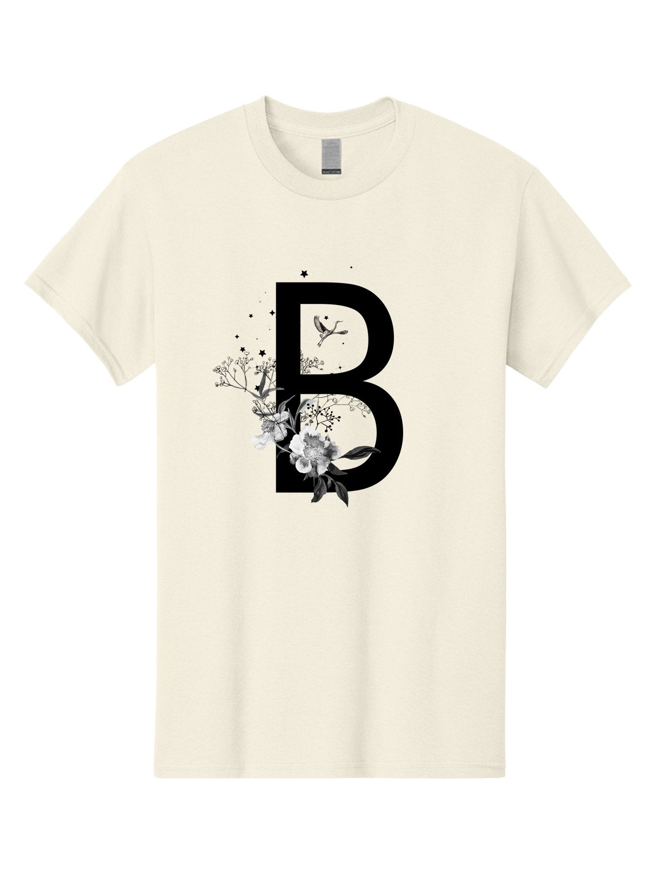 B Men'S Graphic Tee, 100% Cotton, Comfortable Casual Summer Wear, Machine Washable, Large Letter B, Floral Design, White Flowers, Hummingbird, Black Silhouette, Whimsical Illustration, Botanical Art, Black Stars Aac290 6