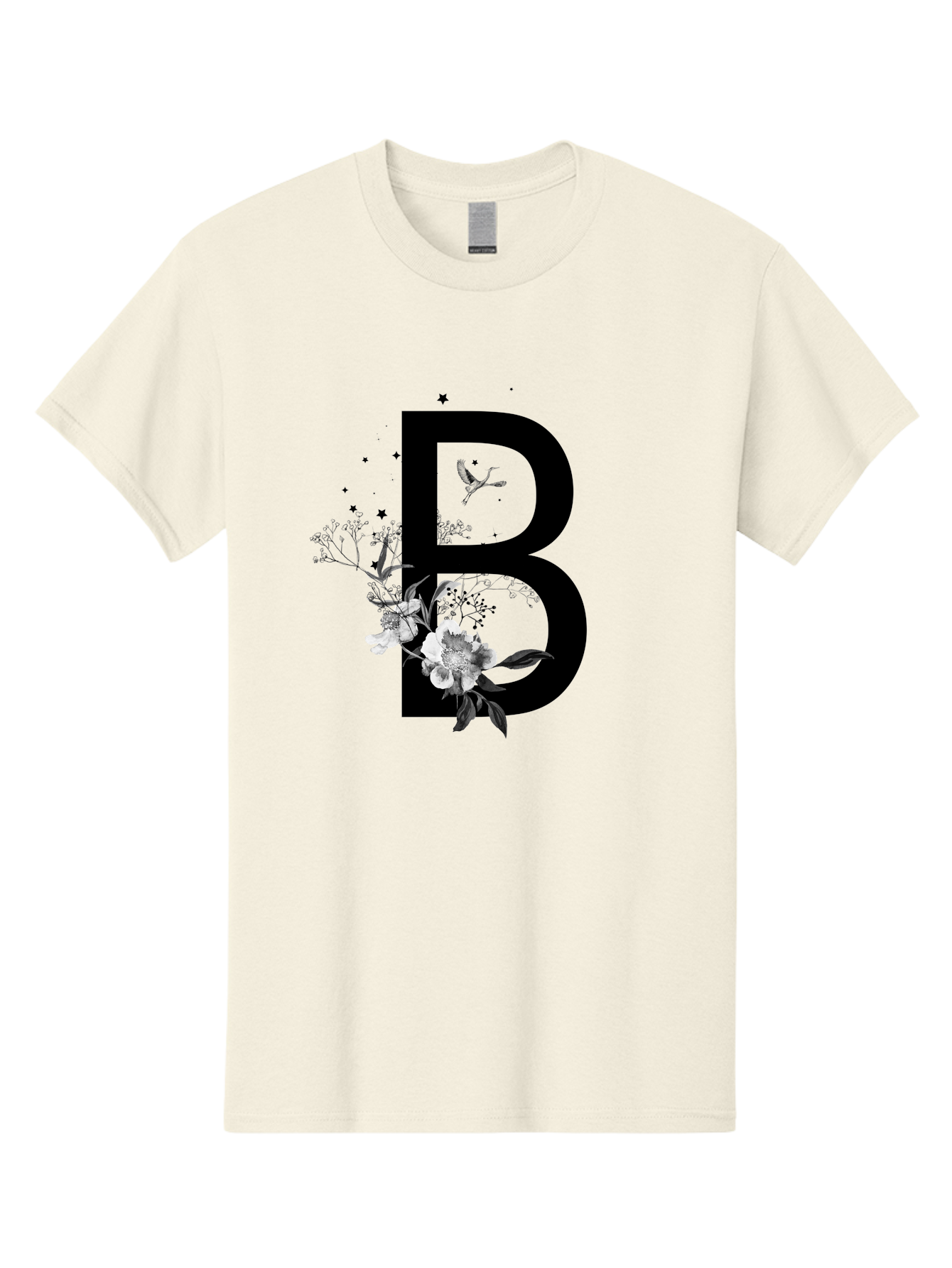 B Men'S Graphic Tee, 100% Cotton, Comfortable Casual Summer Wear, Machine Washable, Large Letter B, Floral Design, White Flowers, Hummingbird, Black Silhouette, Whimsical Illustration, Botanical Art, Black Stars Aac290 13