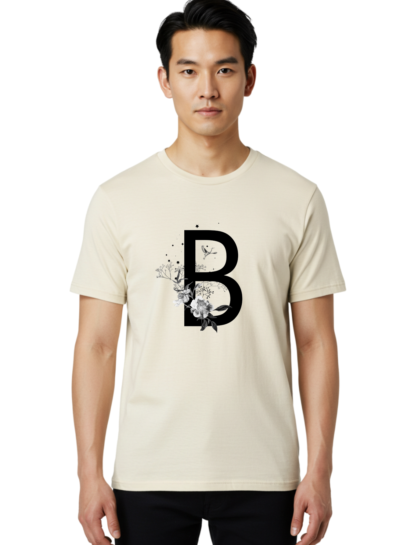 B Men'S Graphic Tee, 100% Cotton, Comfortable Casual Summer Wear, Machine Washable, Large Letter B, Floral Design, White Flowers, Hummingbird, Black Silhouette, Whimsical Illustration, Botanical Art, Black Stars Aac290 14