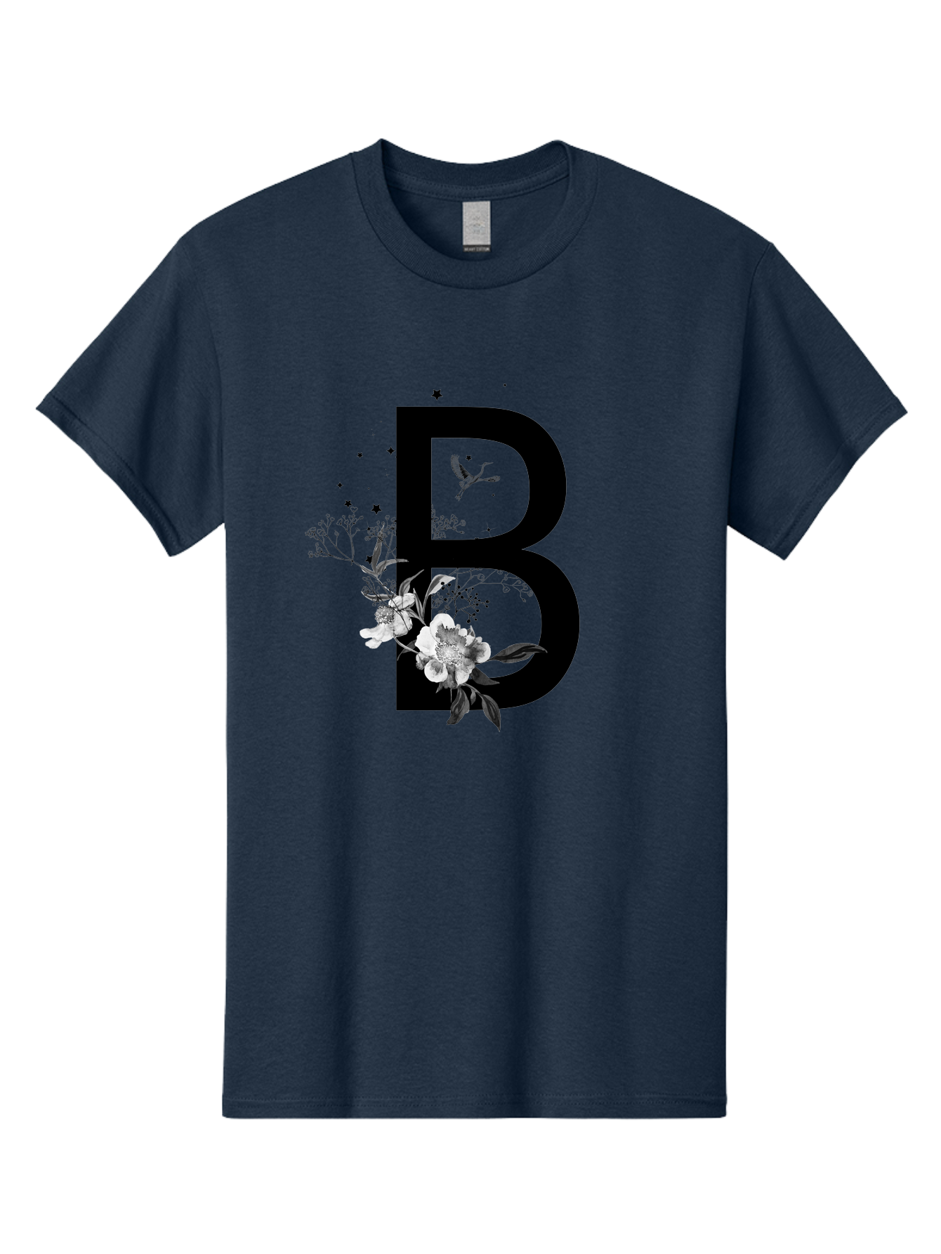 B Men'S Graphic Tee, 100% Cotton, Comfortable Casual Summer Wear, Machine Washable, Large Letter B, Floral Design, White Flowers, Hummingbird, Black Silhouette, Whimsical Illustration, Botanical Art, Black Stars Aac290 11