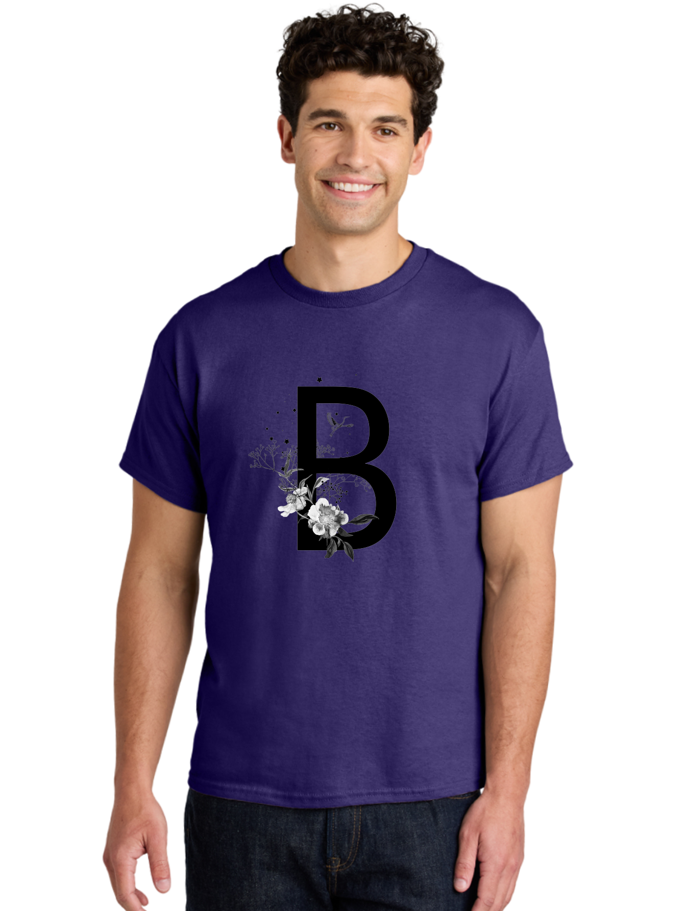 B Men'S Graphic Tee, 100% Cotton, Comfortable Casual Summer Wear, Machine Washable, Large Letter B, Floral Design, White Flowers, Hummingbird, Black Silhouette, Whimsical Illustration, Botanical Art, Black Stars Aac290 10