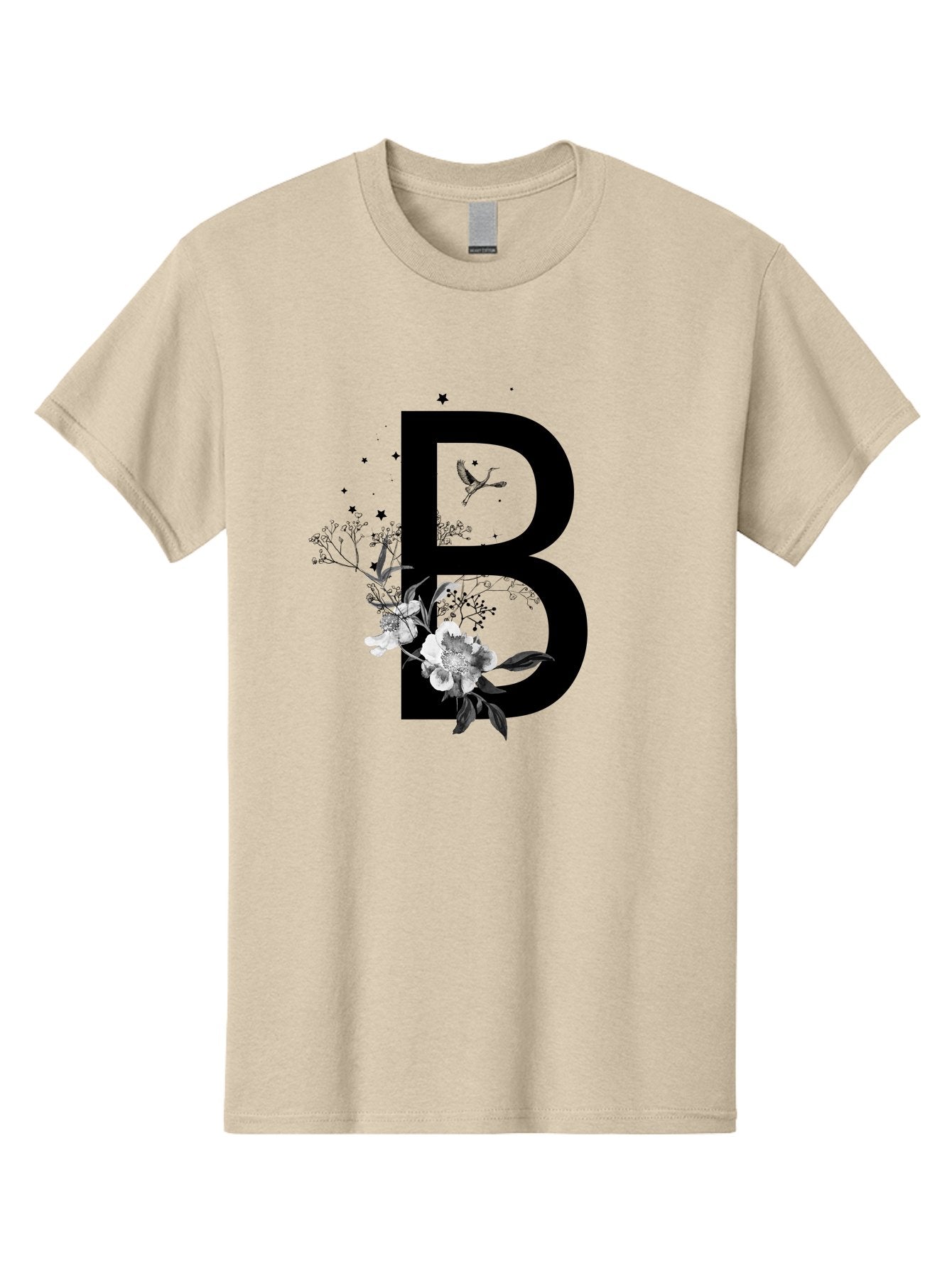 B Men'S Graphic Tee, 100% Cotton, Comfortable Casual Summer Wear, Machine Washable, Large Letter B, Floral Design, White Flowers, Hummingbird, Black Silhouette, Whimsical Illustration, Botanical Art, Black Stars Aac290 5
