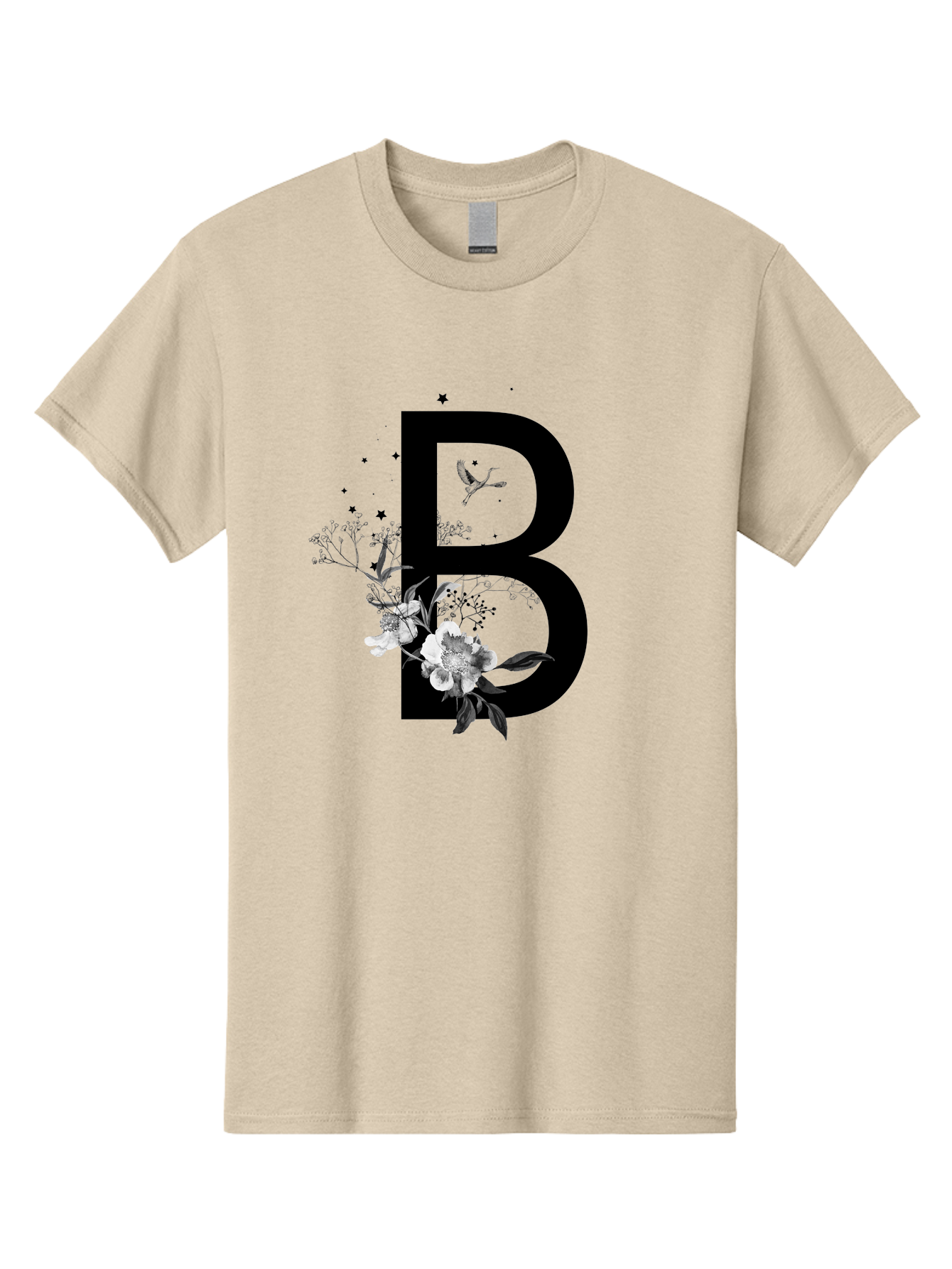 B Men'S Graphic Tee, 100% Cotton, Comfortable Casual Summer Wear, Machine Washable, Large Letter B, Floral Design, White Flowers, Hummingbird, Black Silhouette, Whimsical Illustration, Botanical Art, Black Stars Aac290 15