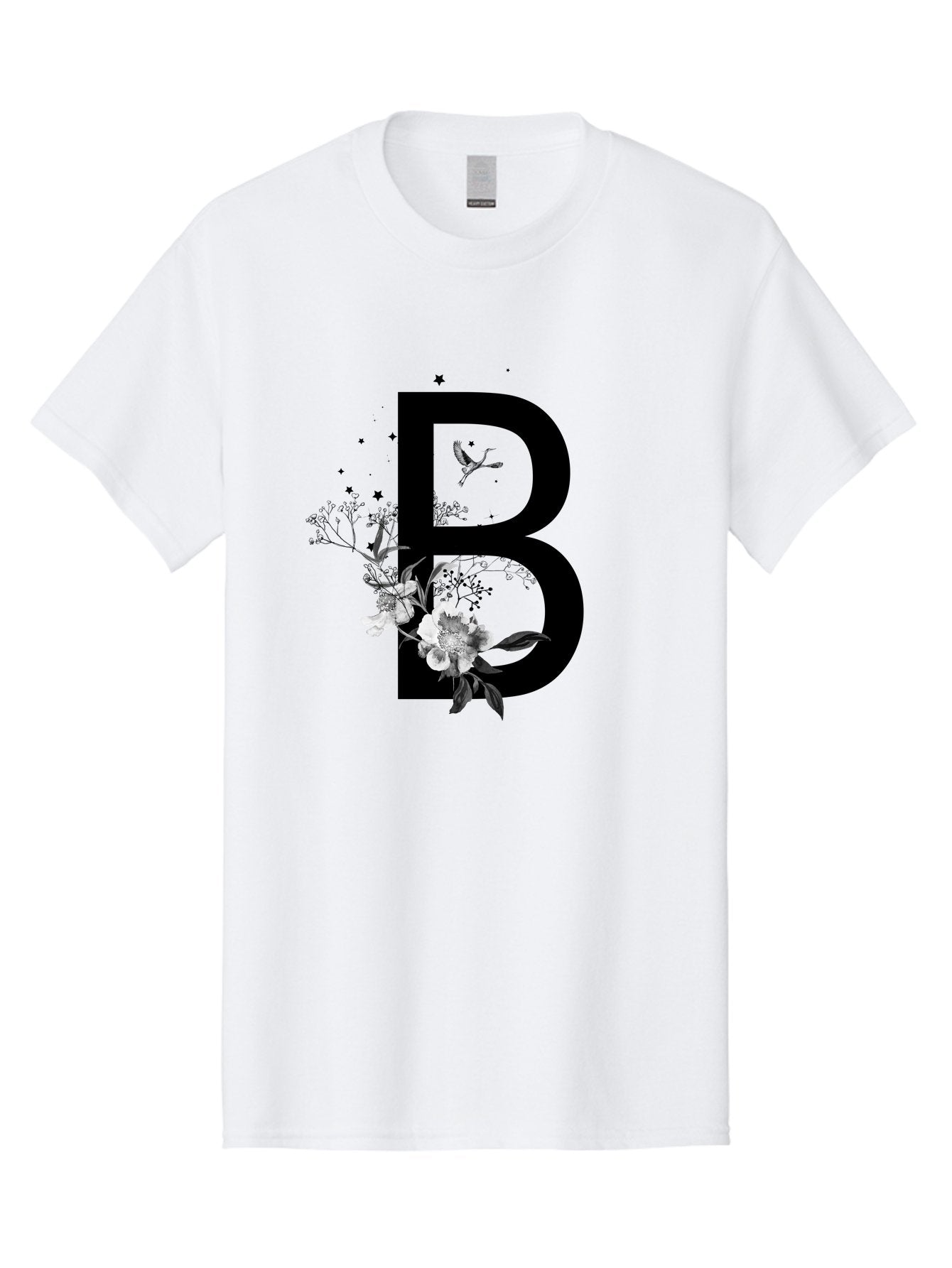 B Men'S Graphic Tee, 100% Cotton, Comfortable Casual Summer Wear, Machine Washable, Large Letter B, Floral Design, White Flowers, Hummingbird, Black Silhouette, Whimsical Illustration, Botanical Art, Black Stars Aac290