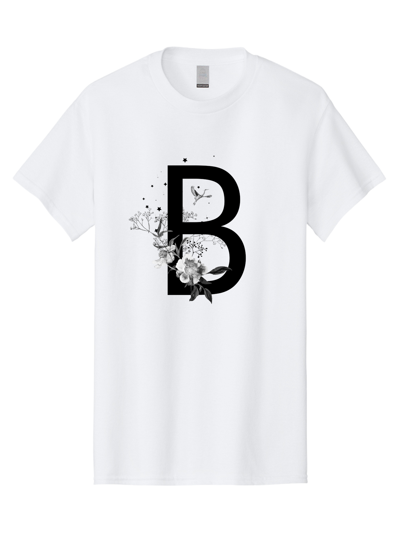 B Men'S Graphic Tee, 100% Cotton, Comfortable Casual Summer Wear, Machine Washable, Large Letter B, Floral Design, White Flowers, Hummingbird, Black Silhouette, Whimsical Illustration, Botanical Art, Black Stars Aac290 21