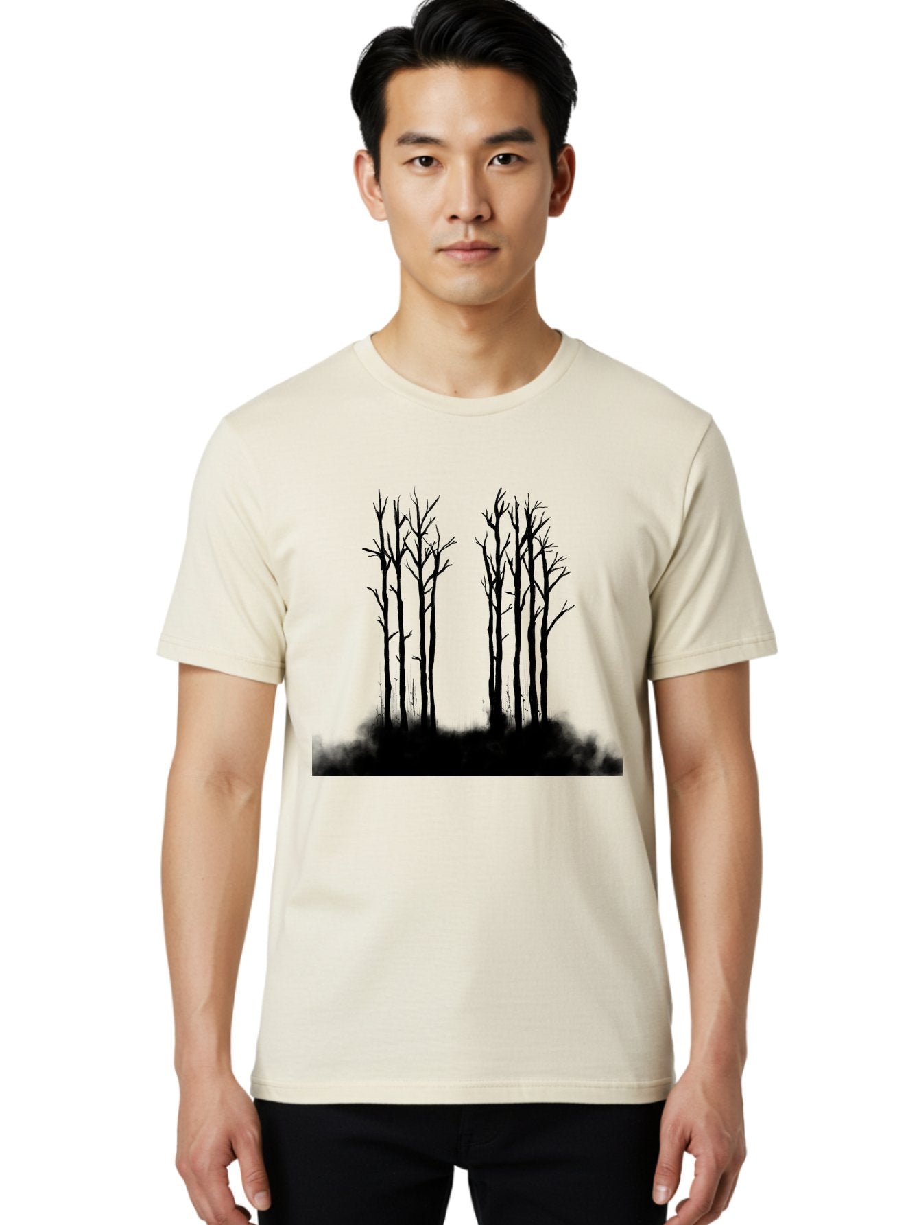 Bare-Trees-1 Men'S Graphic Tee, 100% Cotton, Comfortable Casual Summer Wear, Machine Washable, Bare Trees, Silhouette Art, Black Trees, Leafless Branches, Minimalist Design, Eerie Atmosphere, Dramatic Shadows Aac292 23