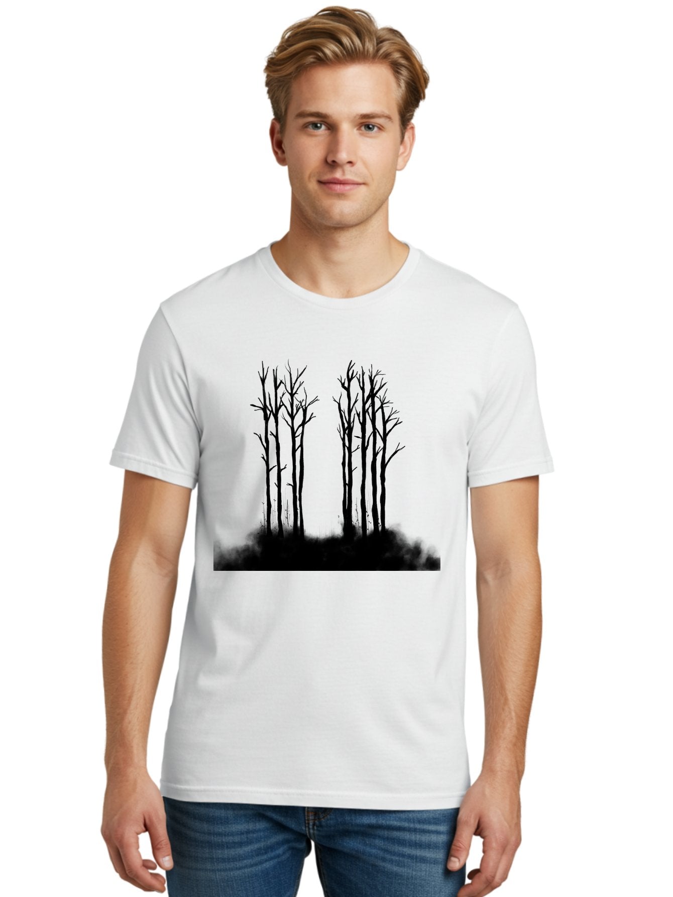 Bare-Trees-1 Men'S Graphic Tee, 100% Cotton, Comfortable Casual Summer Wear, Machine Washable, Bare Trees, Silhouette Art, Black Trees, Leafless Branches, Minimalist Design, Eerie Atmosphere, Dramatic Shadows Aac292 24