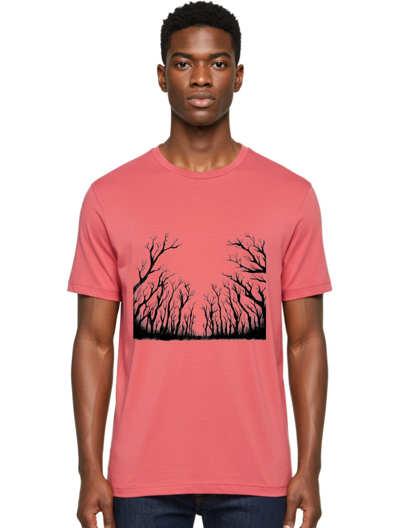 Bare-Trees Men'S Graphic Tee, 100% Cotton, Comfortable Casual Summer Wear, Machine Washable, Bare Trees, Black Silhouettes, Forest Landscape, Autumn Or Winter Scene, Dramatic Atmosphere, Mysterious Ambiance, Eerie Forest, Stark Beauty, Aac293 30