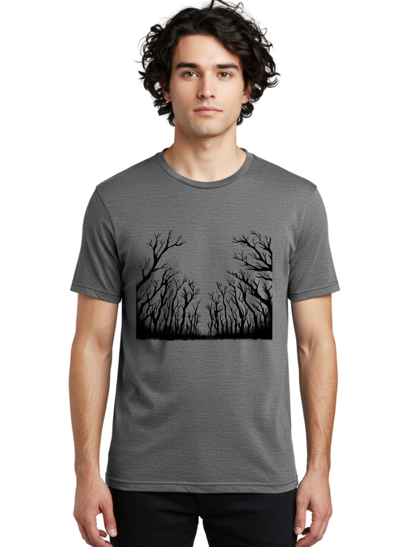 Bare-Trees Men'S Graphic Tee, 100% Cotton, Comfortable Casual Summer Wear, Machine Washable, Bare Trees, Black Silhouettes, Forest Landscape, Autumn Or Winter Scene, Dramatic Atmosphere, Mysterious Ambiance, Eerie Forest, Stark Beauty, Aac293 26