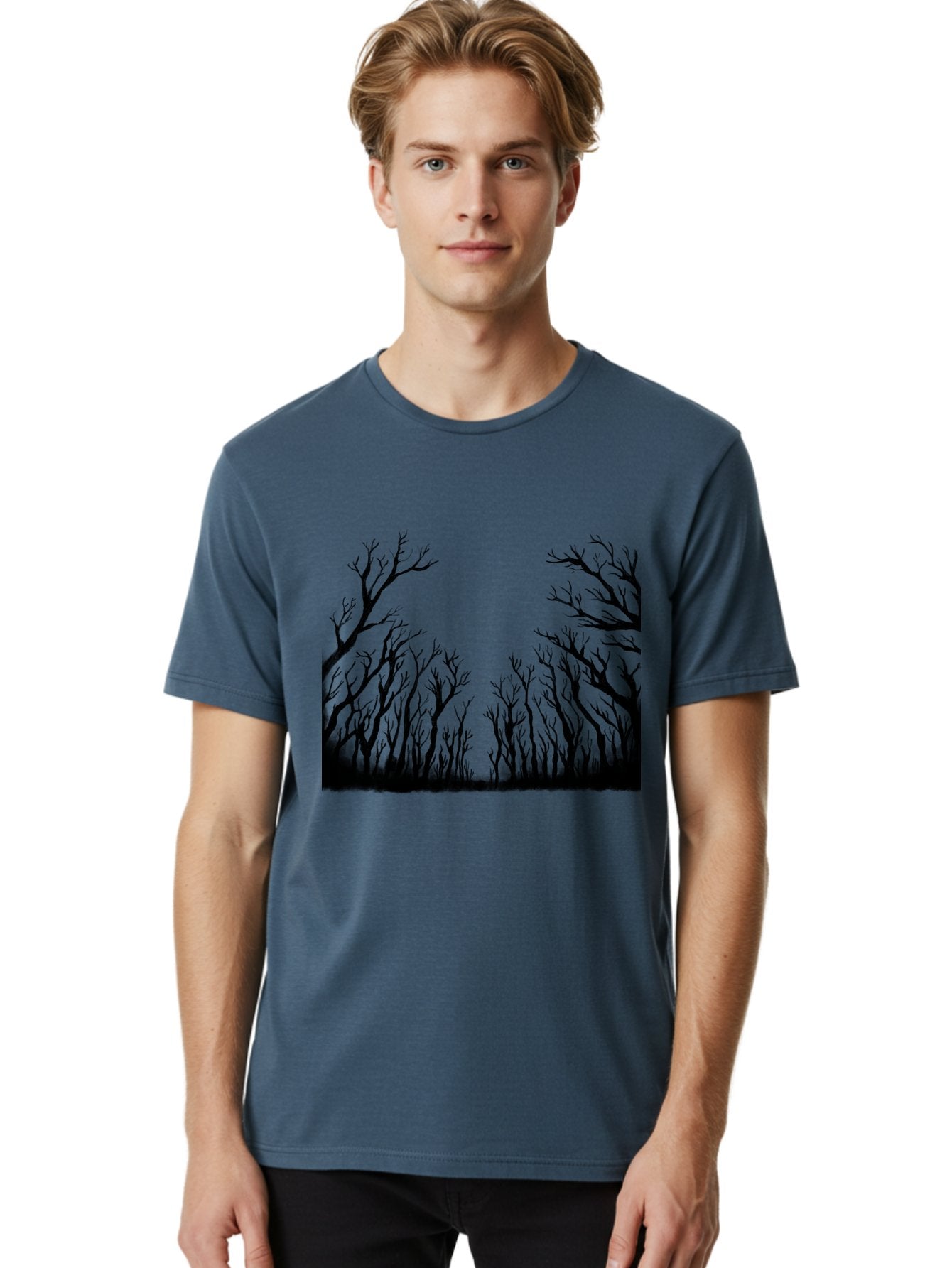 Bare-Trees Men'S Graphic Tee, 100% Cotton, Comfortable Casual Summer Wear, Machine Washable, Bare Trees, Black Silhouettes, Forest Landscape, Autumn Or Winter Scene, Dramatic Atmosphere, Mysterious Ambiance, Eerie Forest, Stark Beauty, Aac293 29