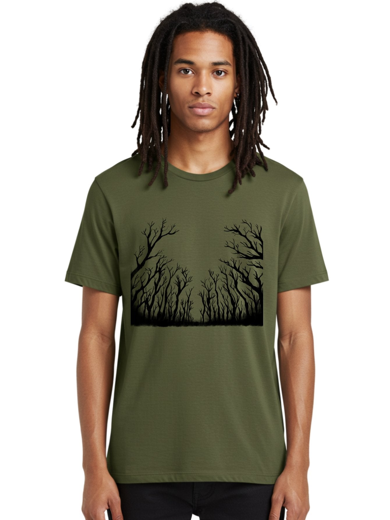 Bare-Trees Men'S Graphic Tee, 100% Cotton, Comfortable Casual Summer Wear, Machine Washable, Bare Trees, Black Silhouettes, Forest Landscape, Autumn Or Winter Scene, Dramatic Atmosphere, Mysterious Ambiance, Eerie Forest, Stark Beauty, Aac293 28