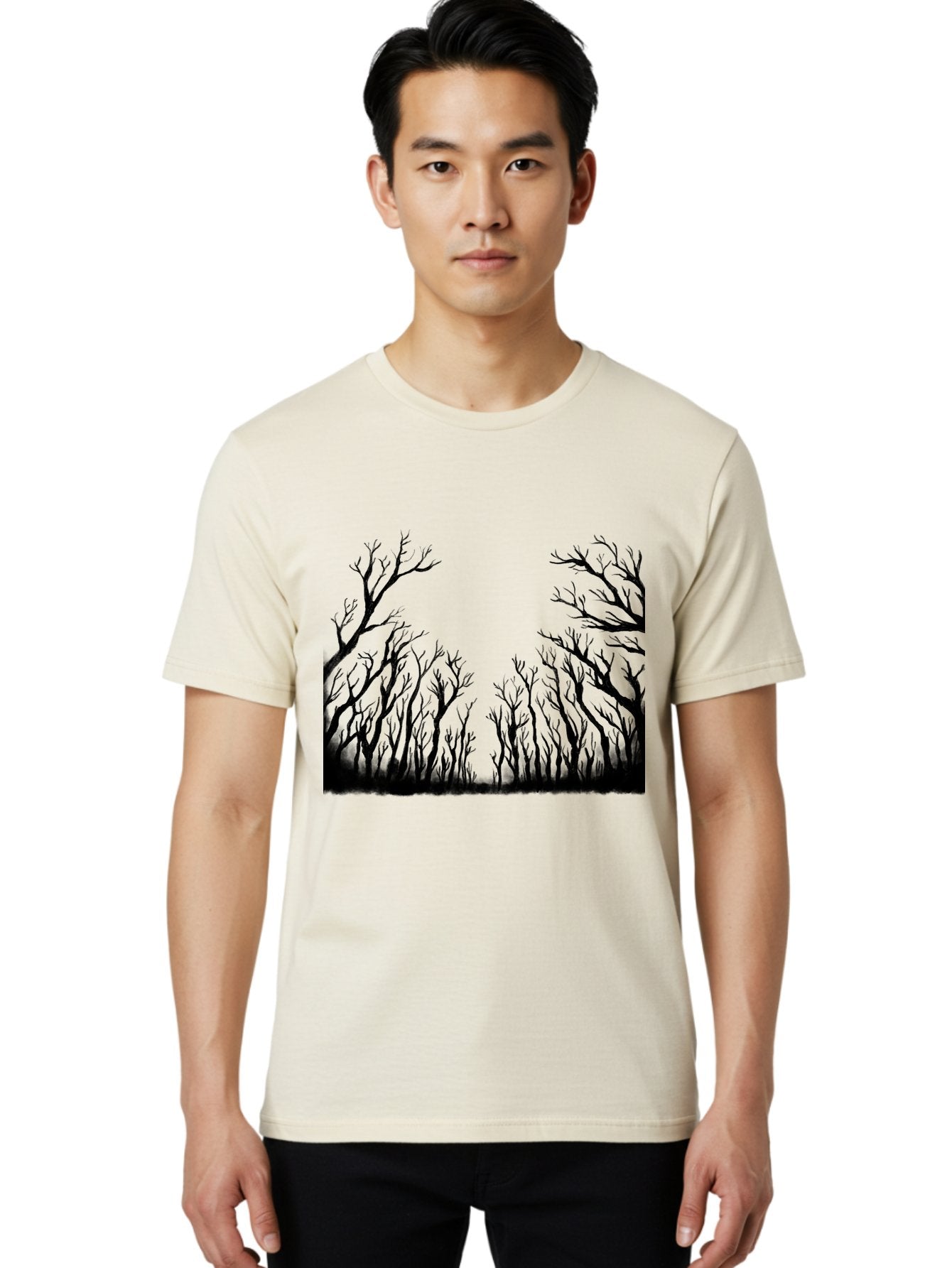 Bare-Trees Men'S Graphic Tee, 100% Cotton, Comfortable Casual Summer Wear, Machine Washable, Bare Trees, Black Silhouettes, Forest Landscape, Autumn Or Winter Scene, Dramatic Atmosphere, Mysterious Ambiance, Eerie Forest, Stark Beauty, Aac293 22