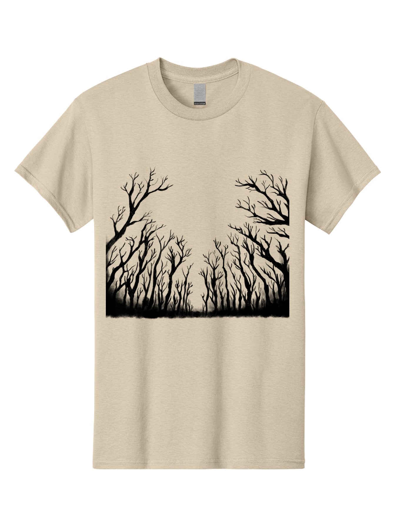 Bare-Trees Men'S Graphic Tee, 100% Cotton, Comfortable Casual Summer Wear, Machine Washable, Bare Trees, Black Silhouettes, Forest Landscape, Autumn Or Winter Scene, Dramatic Atmosphere, Mysterious Ambiance, Eerie Forest, Stark Beauty, Aac293 13