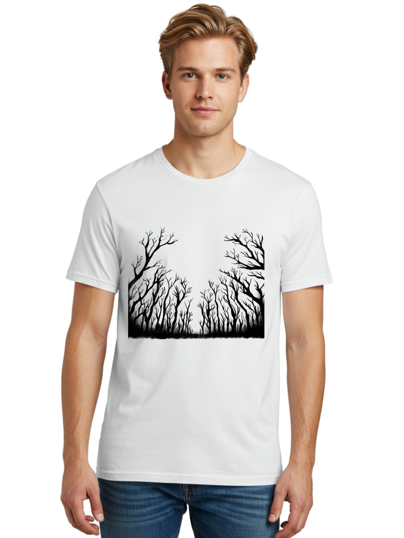 Bare-Trees Men'S Graphic Tee, 100% Cotton, Comfortable Casual Summer Wear, Machine Washable, Bare Trees, Black Silhouettes, Forest Landscape, Autumn Or Winter Scene, Dramatic Atmosphere, Mysterious Ambiance, Eerie Forest, Stark Beauty, Aac293 18