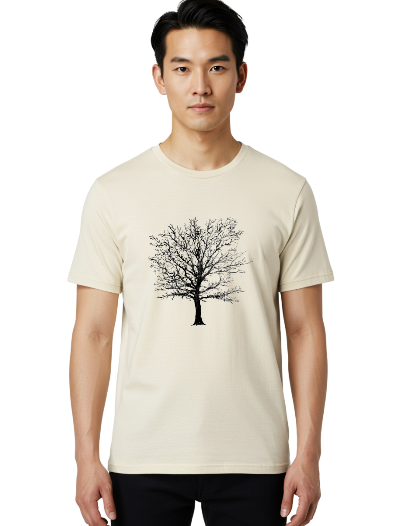 Black-Tree-Silhouette Men'S Graphic Tee, 100% Cotton, Comfortable Casual Summer Wear, Machine Washable, Bare Tree Silhouette, Winter Landscape, Barren Branches, Tree Without Leaves, Minimalist Design, Monochrome Tree, Natural Simplicity Aac295 12