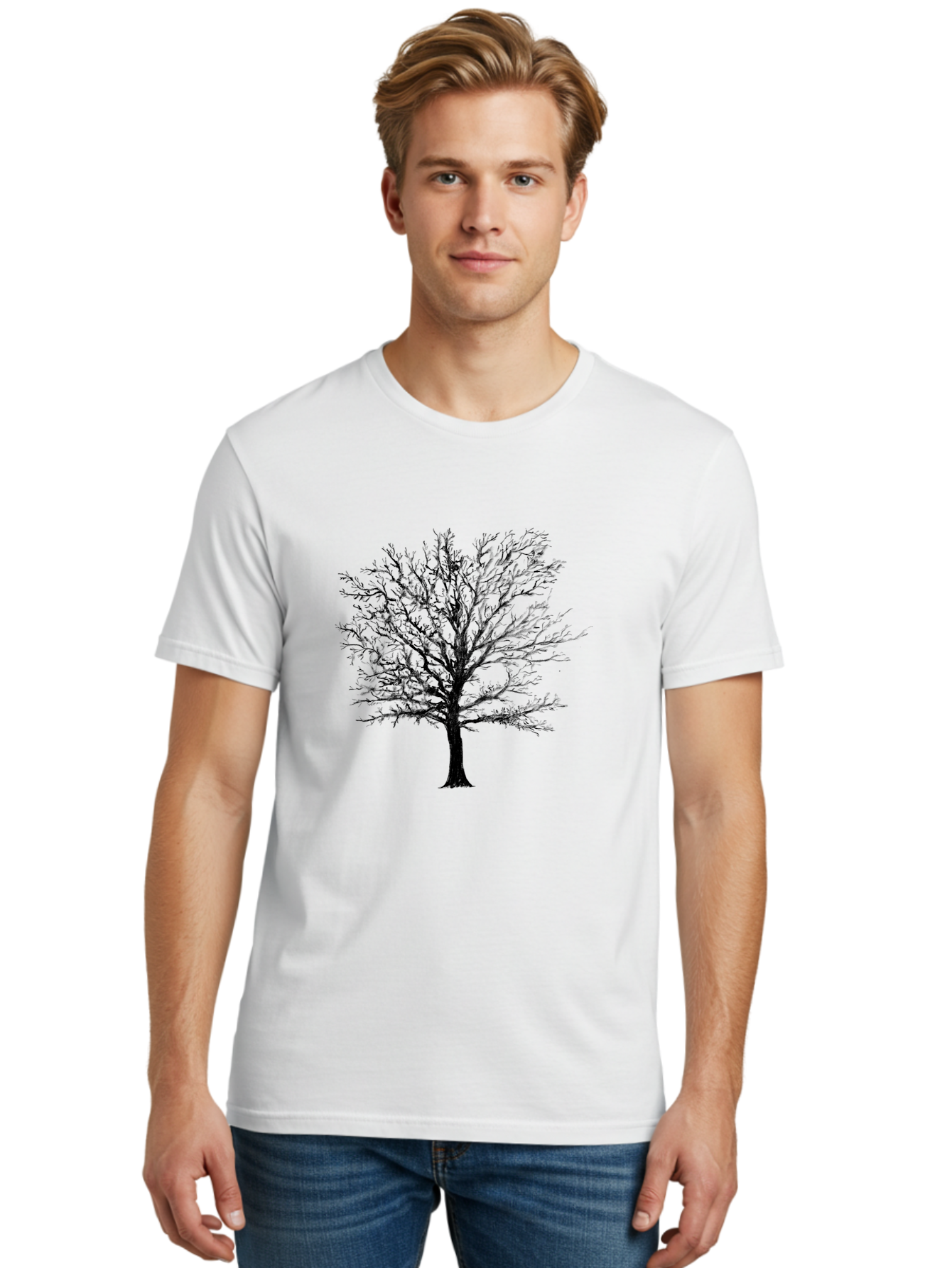 Black-Tree-Silhouette Men'S Graphic Tee, 100% Cotton, Comfortable Casual Summer Wear, Machine Washable, Bare Tree Silhouette, Winter Landscape, Barren Branches, Tree Without Leaves, Minimalist Design, Monochrome Tree, Natural Simplicity Aac295 24