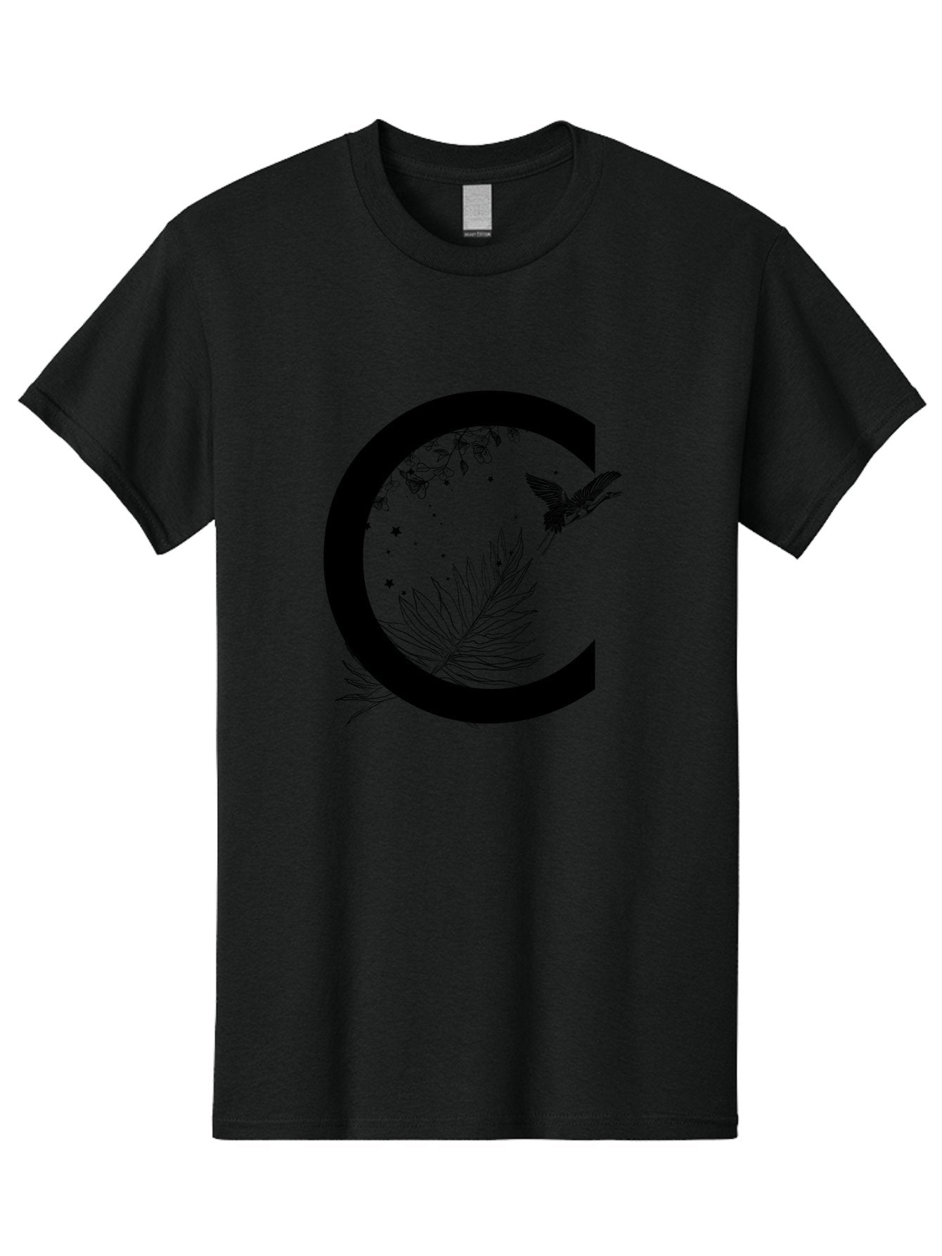 C Men'S Graphic Tee, 100% Cotton, Comfortable Casual Summer Wear, Machine Washable, Stylized Letter C, Black Logo, Floral Designs, Hummingbird, Leaves, Botanical Elements, Artistic Typography, Monochrome Illustration, Nature-Inspired Graphics Aac297 6