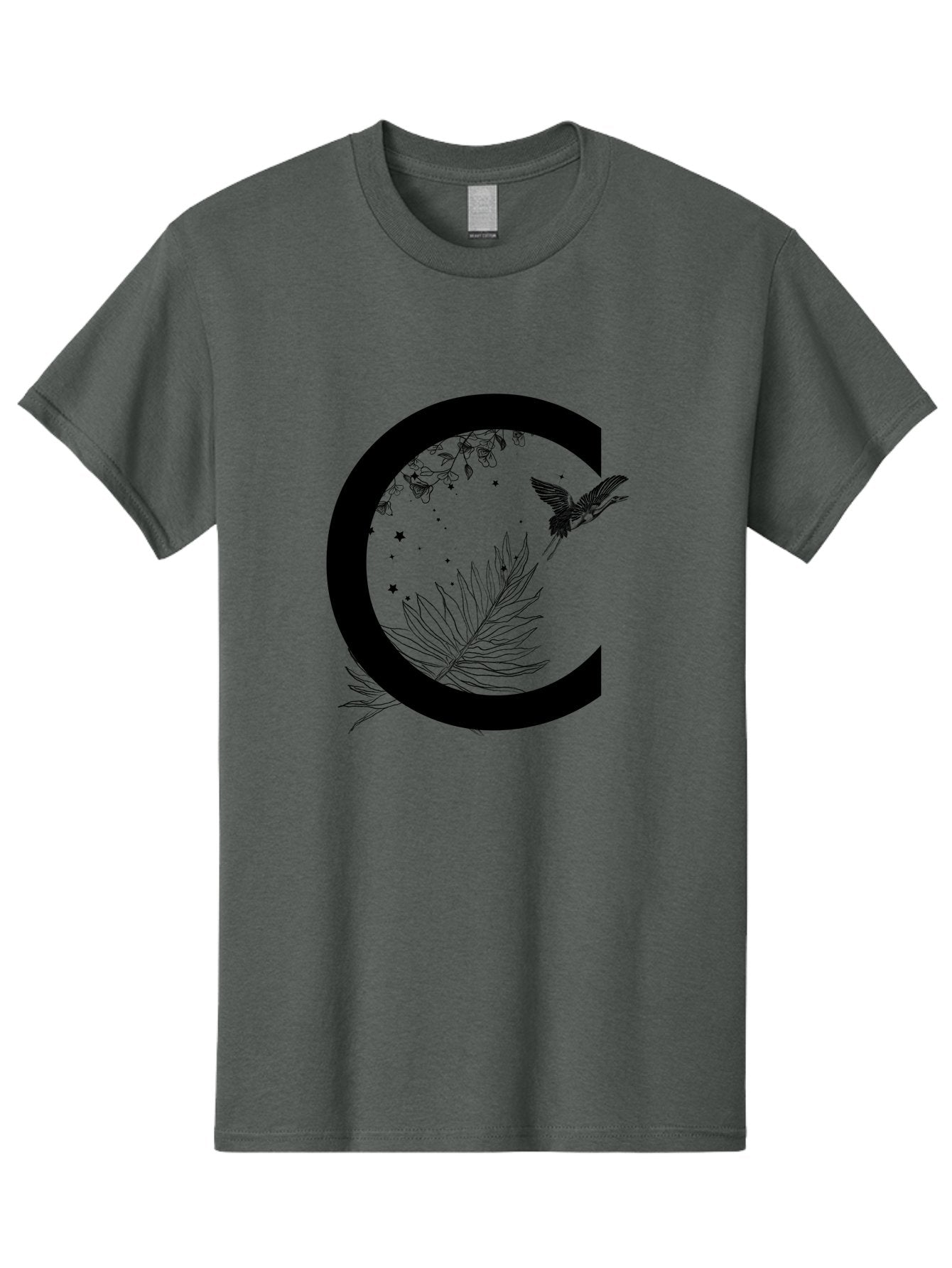 C Men'S Graphic Tee, 100% Cotton, Comfortable Casual Summer Wear, Machine Washable, Stylized Letter C, Black Logo, Floral Designs, Hummingbird, Leaves, Botanical Elements, Artistic Typography, Monochrome Illustration, Nature-Inspired Graphics Aac297 9