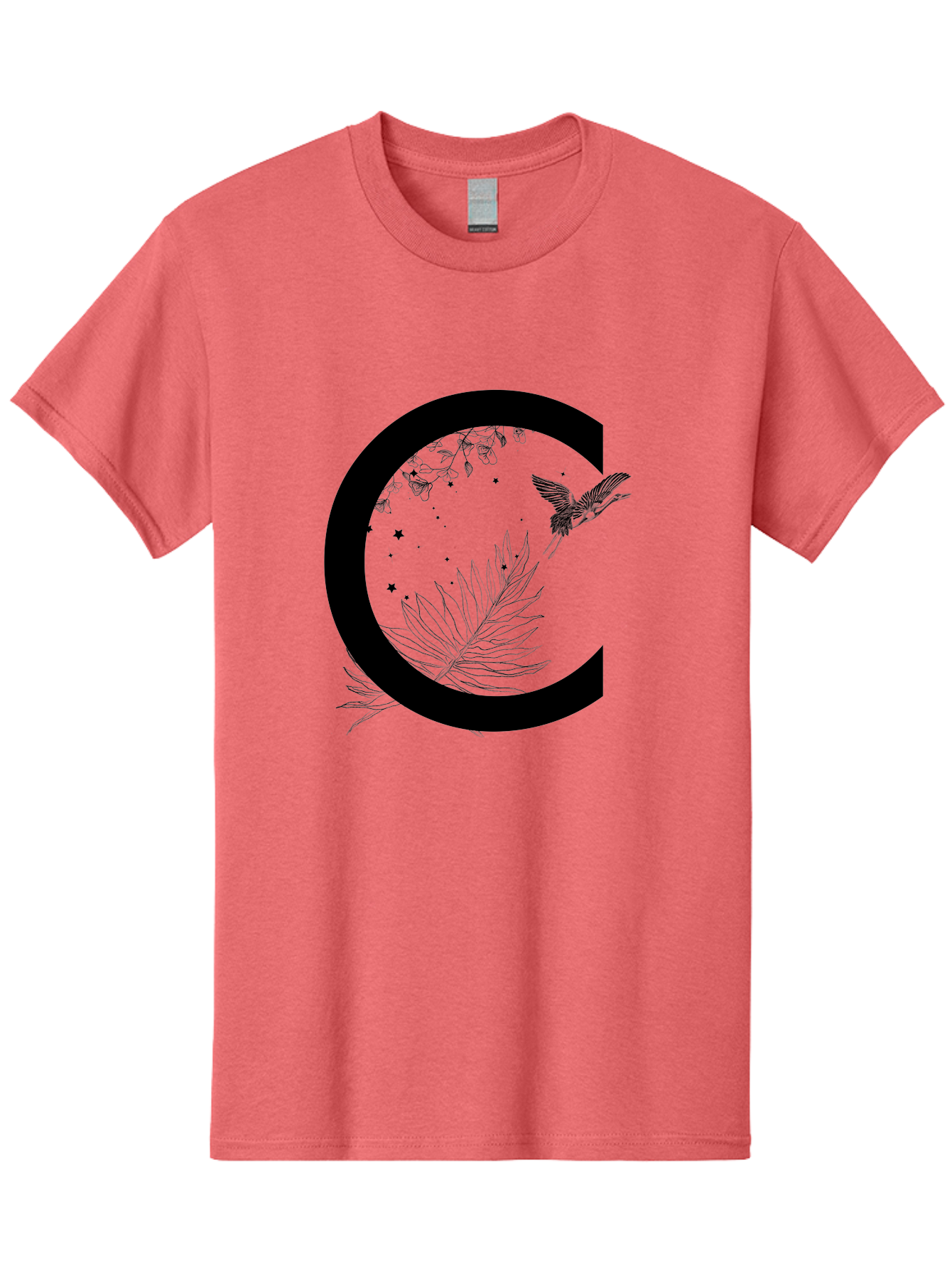 C Men'S Graphic Tee, 100% Cotton, Comfortable Casual Summer Wear, Machine Washable, Stylized Letter C, Black Logo, Floral Designs, Hummingbird, Leaves, Botanical Elements, Artistic Typography, Monochrome Illustration, Nature-Inspired Graphics Aac297 3