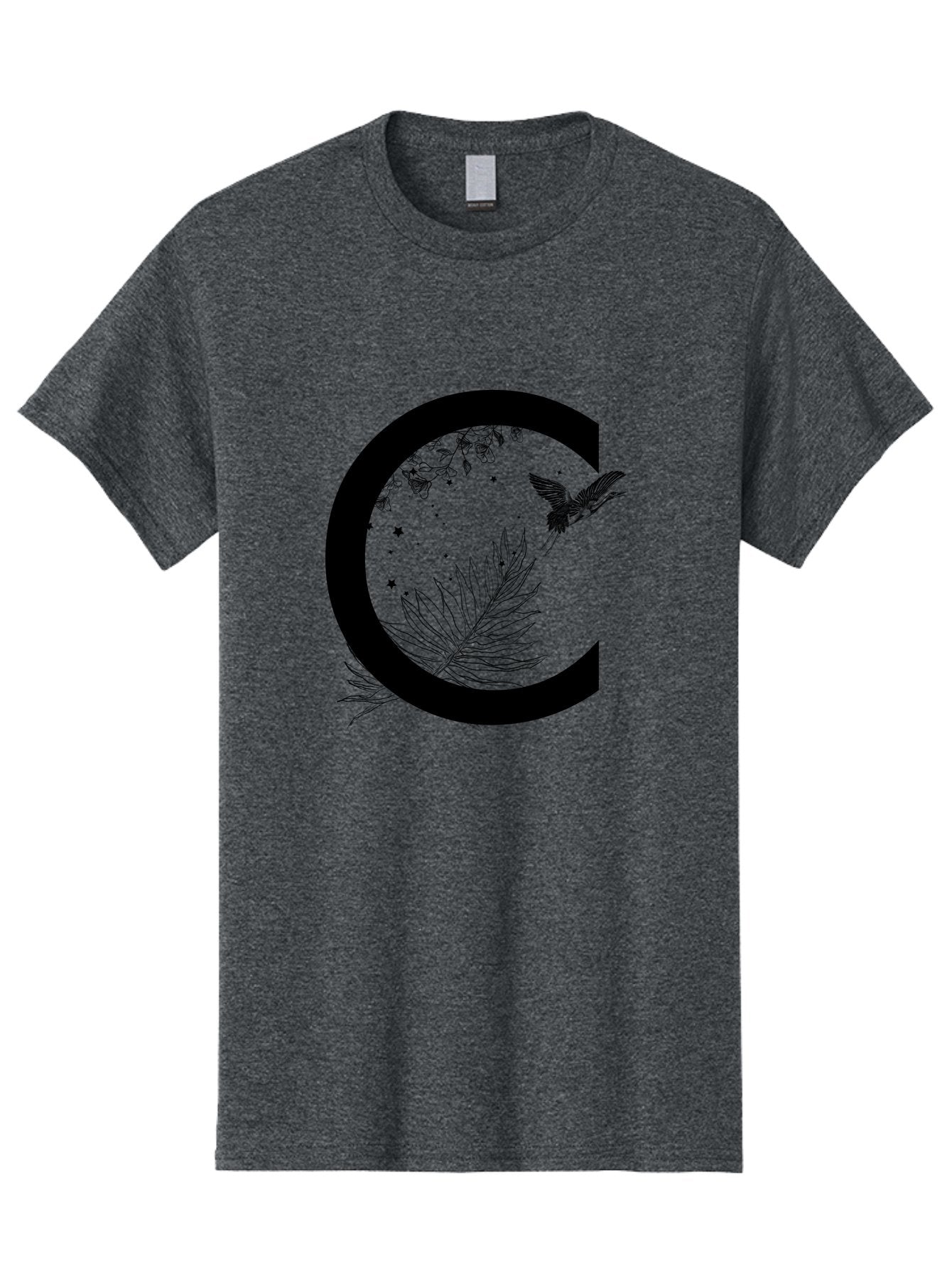 C Men'S Graphic Tee, 100% Cotton, Comfortable Casual Summer Wear, Machine Washable, Stylized Letter C, Black Logo, Floral Designs, Hummingbird, Leaves, Botanical Elements, Artistic Typography, Monochrome Illustration, Nature-Inspired Graphics Aac297 7