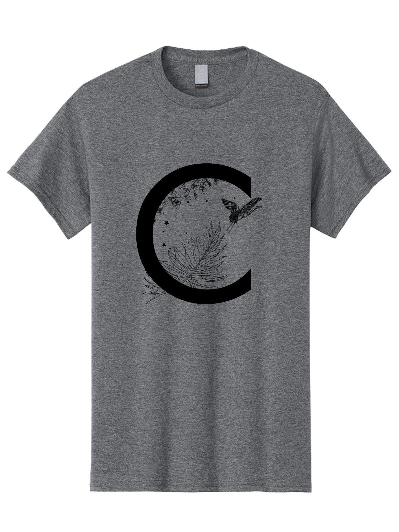C Men'S Graphic Tee, 100% Cotton, Comfortable Casual Summer Wear, Machine Washable, Stylized Letter C, Black Logo, Floral Designs, Hummingbird, Leaves, Botanical Elements, Artistic Typography, Monochrome Illustration, Nature-Inspired Graphics Aac297 10