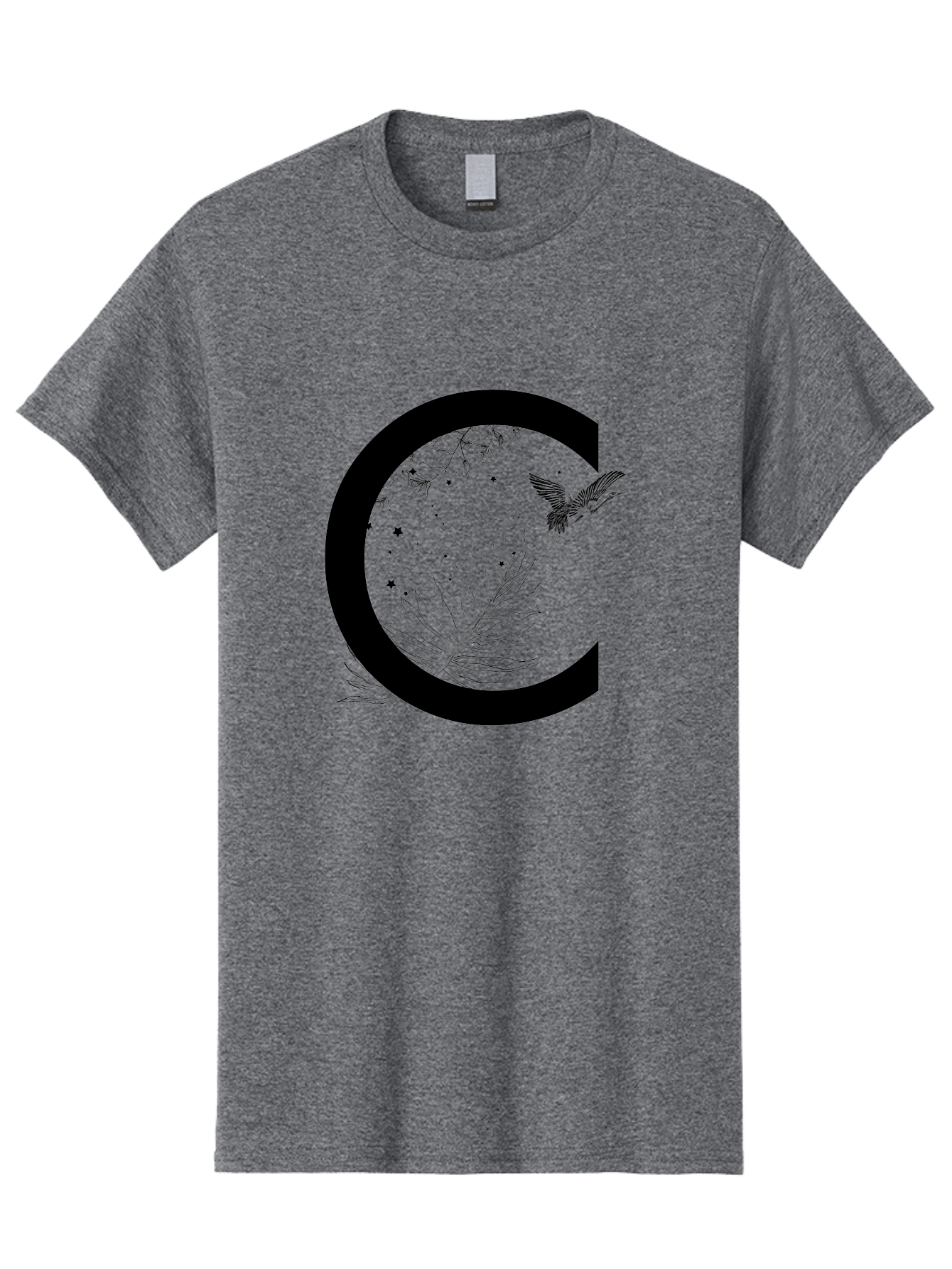 C Men'S Graphic Tee, 100% Cotton, Comfortable Casual Summer Wear, Machine Washable, Stylized Letter C, Black Logo, Floral Designs, Hummingbird, Leaves, Botanical Elements, Artistic Typography, Monochrome Illustration, Nature-Inspired Graphics Aac297 27