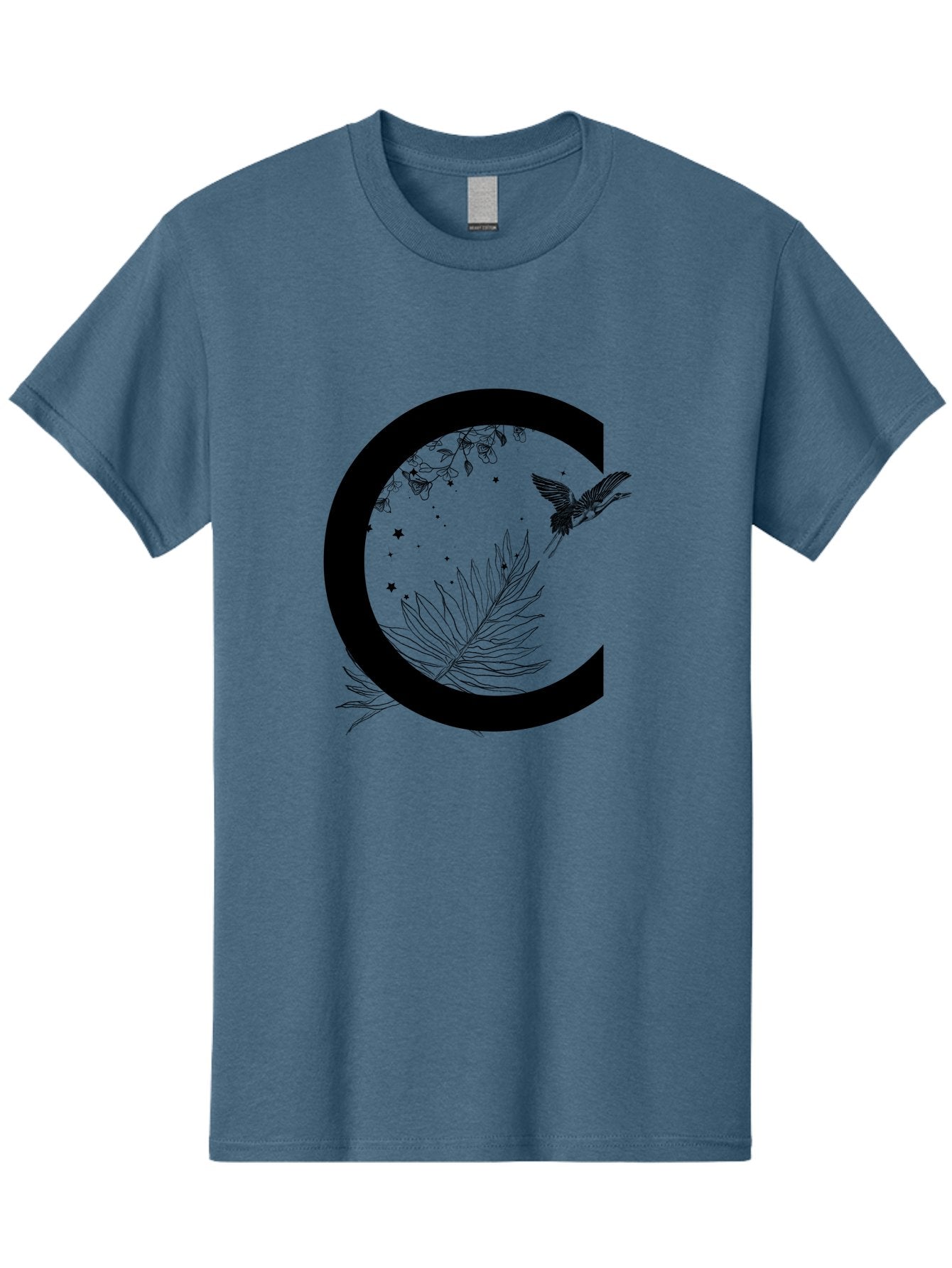 C Men'S Graphic Tee, 100% Cotton, Comfortable Casual Summer Wear, Machine Washable, Stylized Letter C, Black Logo, Floral Designs, Hummingbird, Leaves, Botanical Elements, Artistic Typography, Monochrome Illustration, Nature-Inspired Graphics Aac297 3