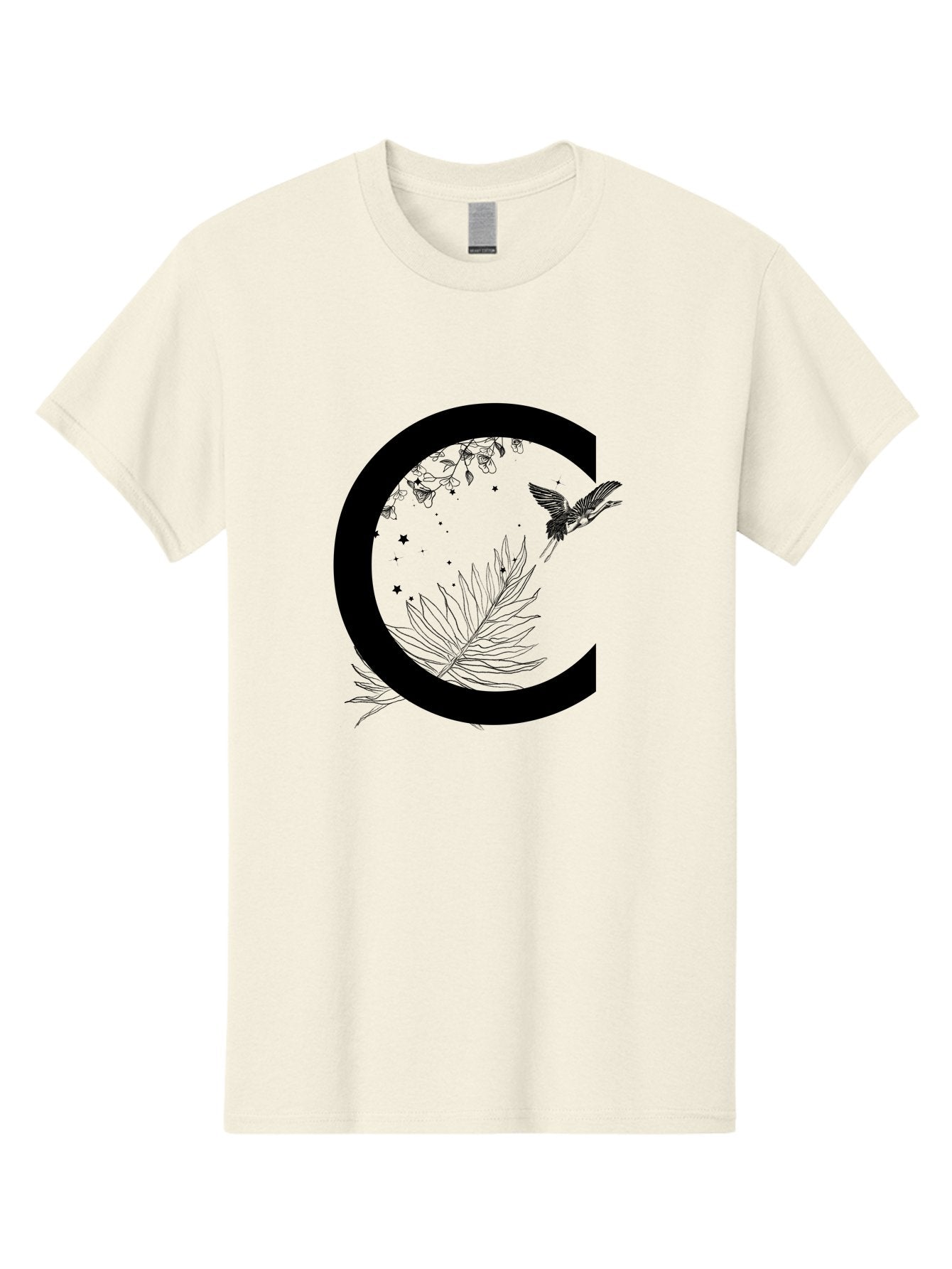 C Men'S Graphic Tee, 100% Cotton, Comfortable Casual Summer Wear, Machine Washable, Stylized Letter C, Black Logo, Floral Designs, Hummingbird, Leaves, Botanical Elements, Artistic Typography, Monochrome Illustration, Nature-Inspired Graphics Aac297 13