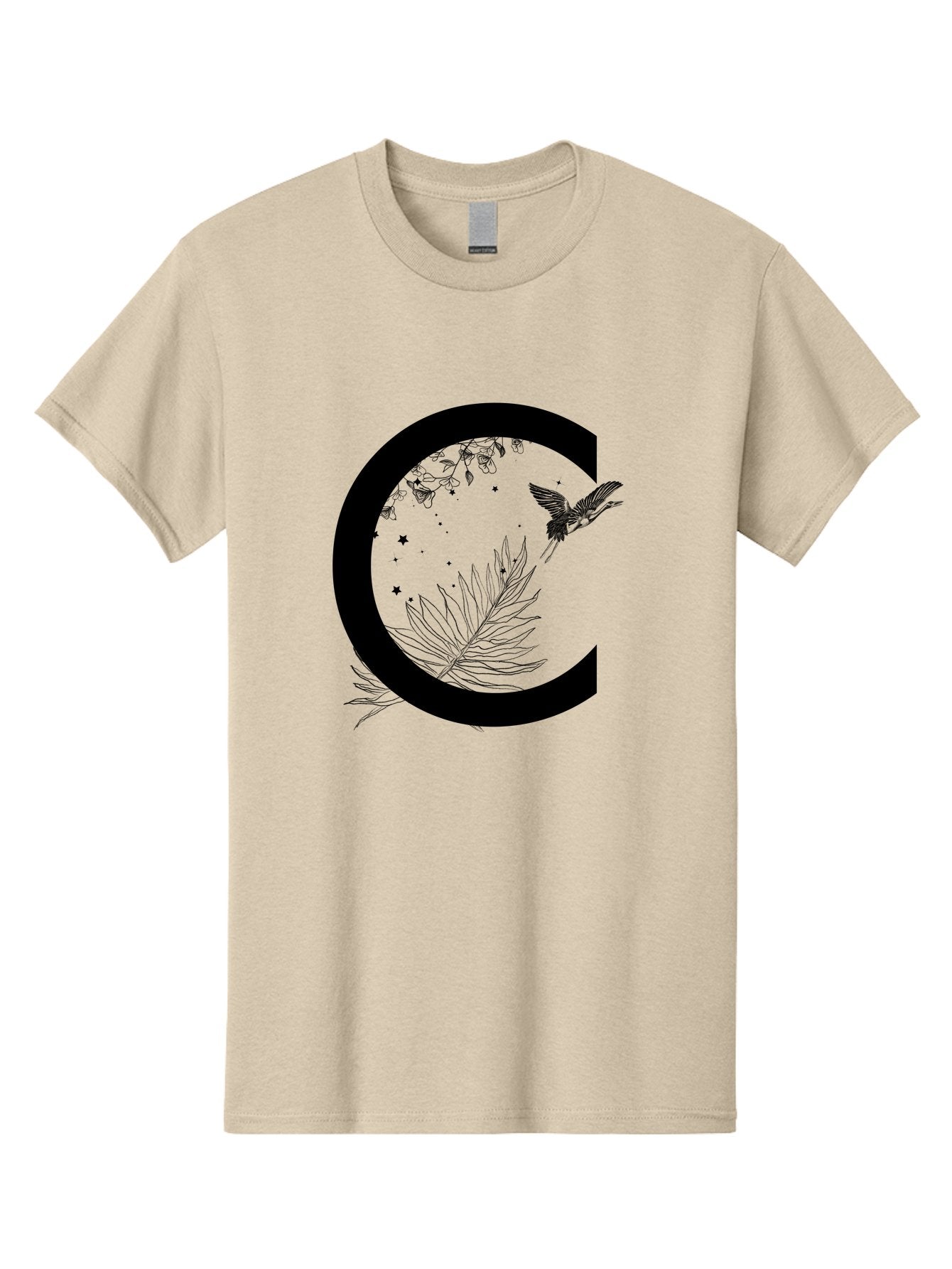 C Men'S Graphic Tee, 100% Cotton, Comfortable Casual Summer Wear, Machine Washable, Stylized Letter C, Black Logo, Floral Designs, Hummingbird, Leaves, Botanical Elements, Artistic Typography, Monochrome Illustration, Nature-Inspired Graphics Aac297