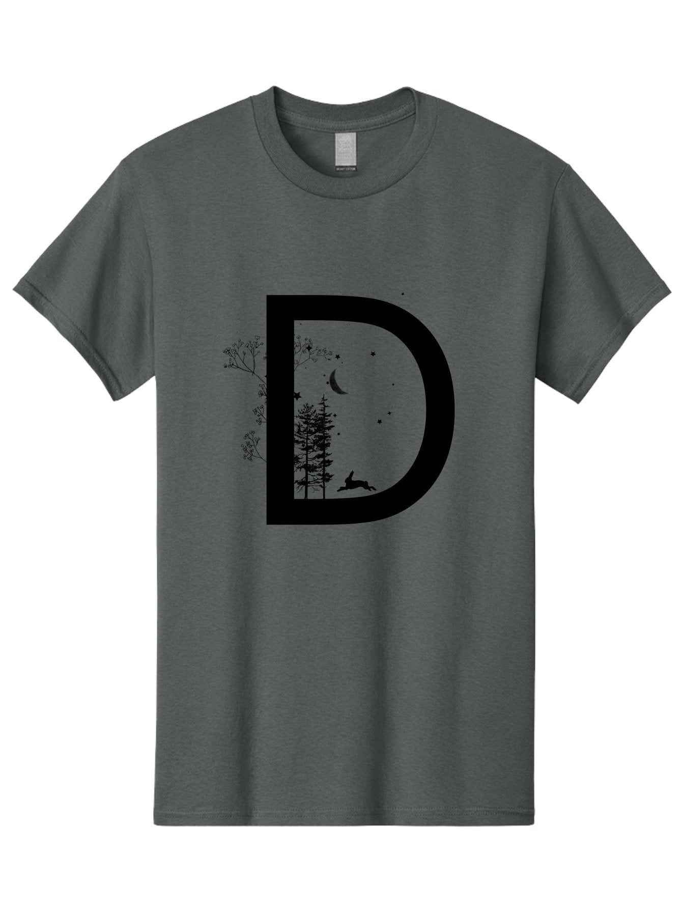 D Men'S Graphic Tee, 100% Cotton, Comfortable Casual Summer Wear, Machine Washable, Whimsical Letter D, Forest Silhouettes, Crescent Moon, Stars, Leaping Deer, Nighttime Scene, Dreamy Atmosphere, Typography Art, Mystical Elements, Aac300 10