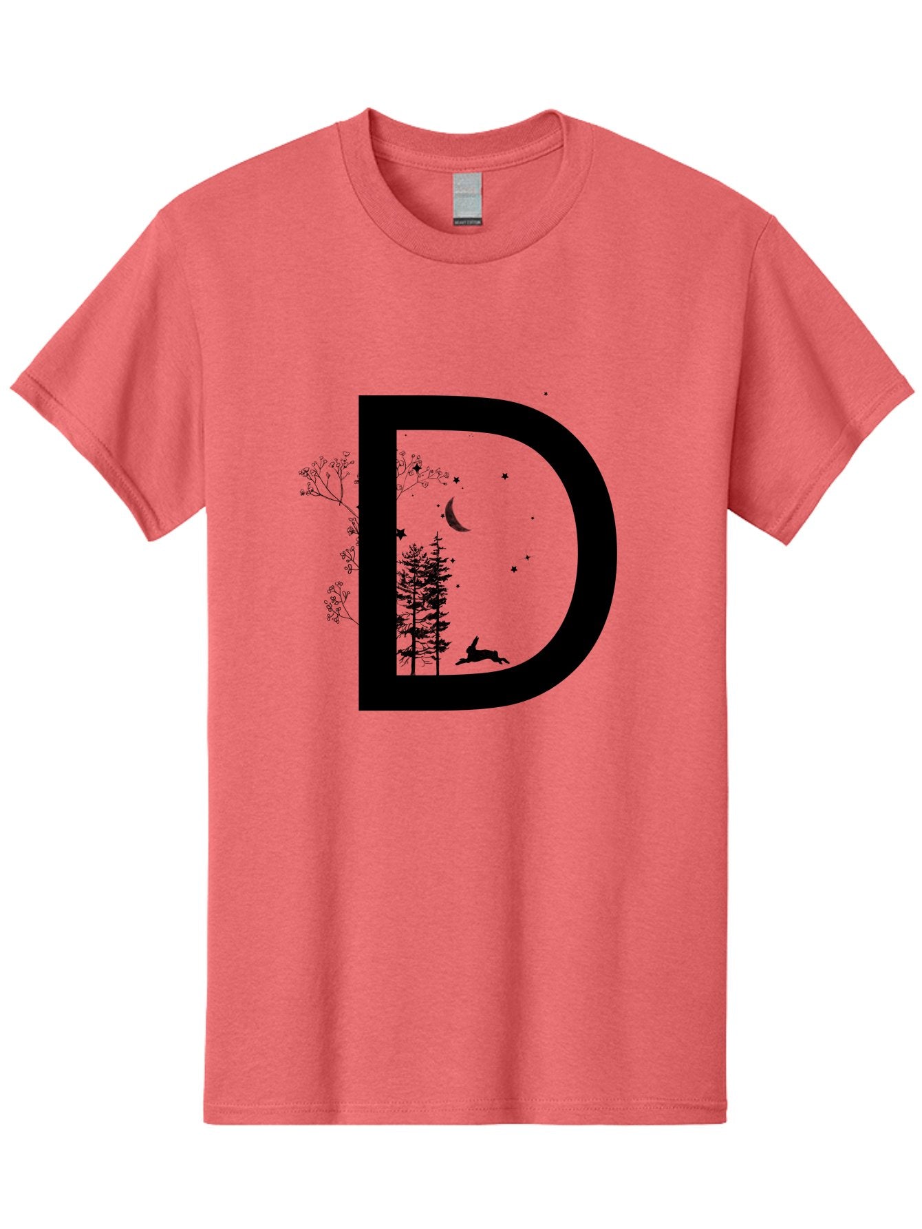 D Men'S Graphic Tee, 100% Cotton, Comfortable Casual Summer Wear, Machine Washable, Whimsical Letter D, Forest Silhouettes, Crescent Moon, Stars, Leaping Deer, Nighttime Scene, Dreamy Atmosphere, Typography Art, Mystical Elements, Aac300 15