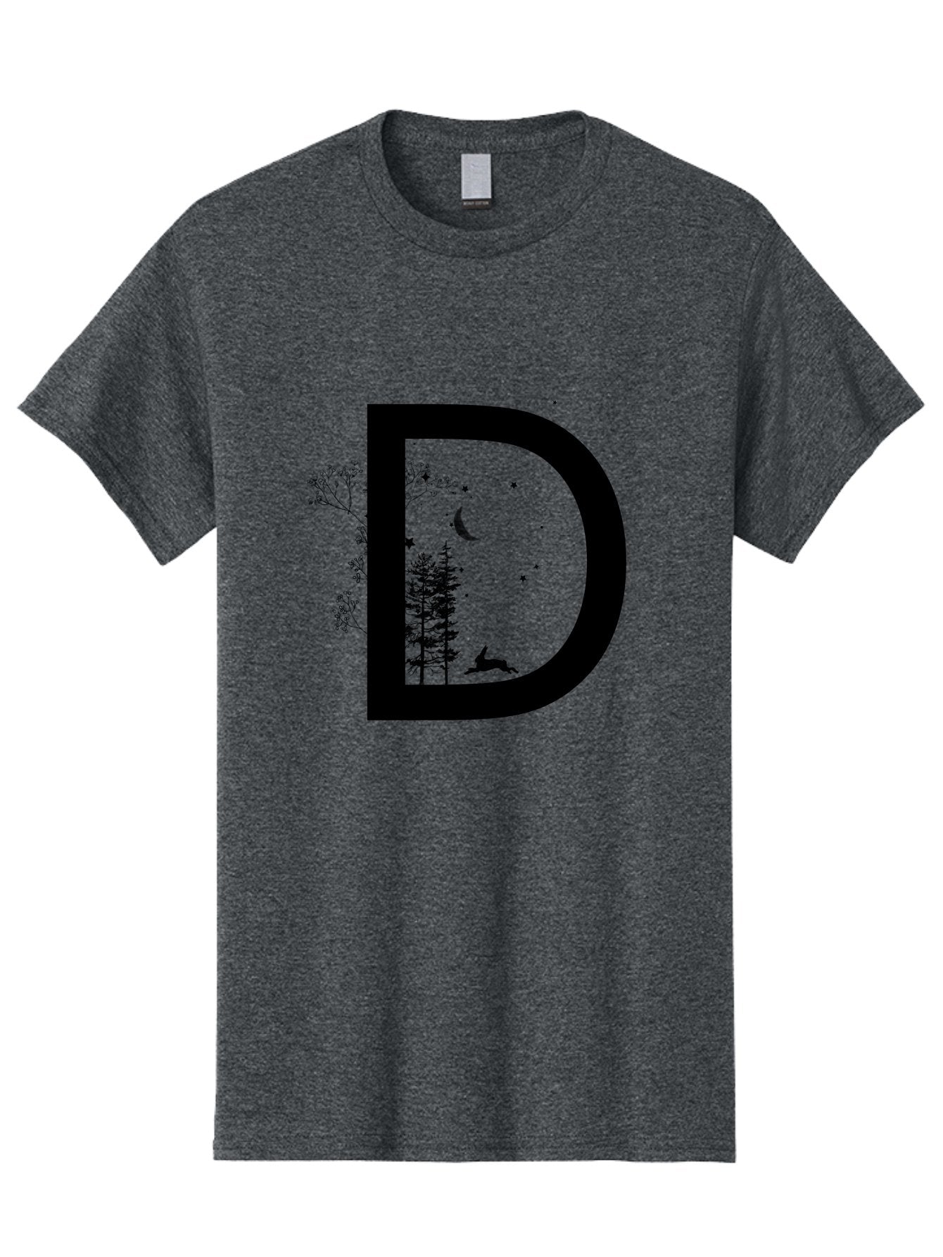 D Men'S Graphic Tee, 100% Cotton, Comfortable Casual Summer Wear, Machine Washable, Whimsical Letter D, Forest Silhouettes, Crescent Moon, Stars, Leaping Deer, Nighttime Scene, Dreamy Atmosphere, Typography Art, Mystical Elements, Aac300 8