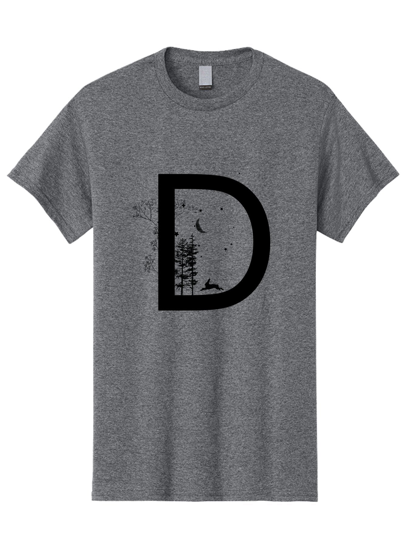 D Men'S Graphic Tee, 100% Cotton, Comfortable Casual Summer Wear, Machine Washable, Whimsical Letter D, Forest Silhouettes, Crescent Moon, Stars, Leaping Deer, Nighttime Scene, Dreamy Atmosphere, Typography Art, Mystical Elements, Aac300 9