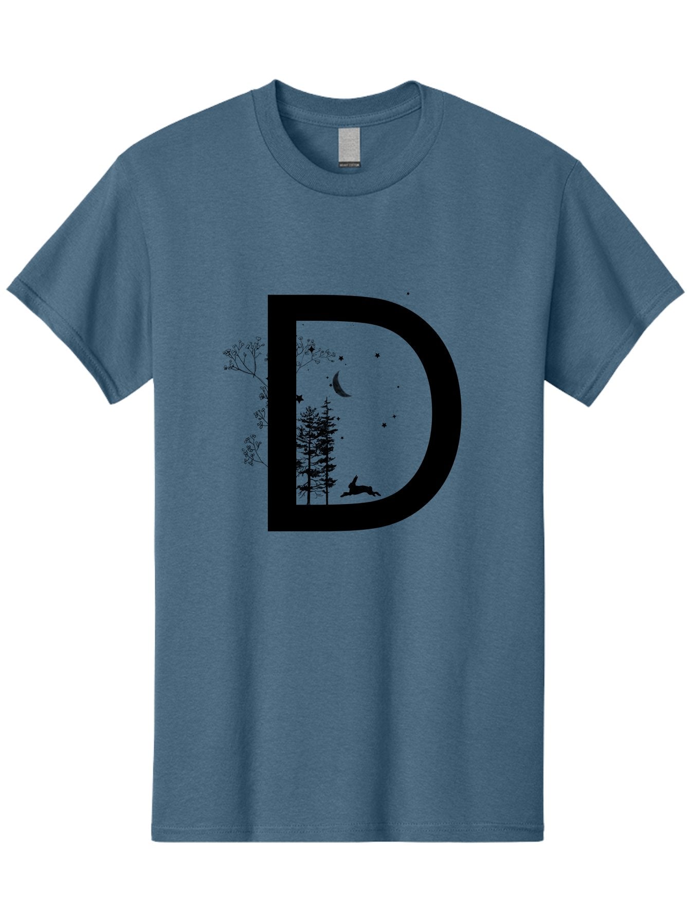 D Men'S Graphic Tee, 100% Cotton, Comfortable Casual Summer Wear, Machine Washable, Whimsical Letter D, Forest Silhouettes, Crescent Moon, Stars, Leaping Deer, Nighttime Scene, Dreamy Atmosphere, Typography Art, Mystical Elements, Aac300 6