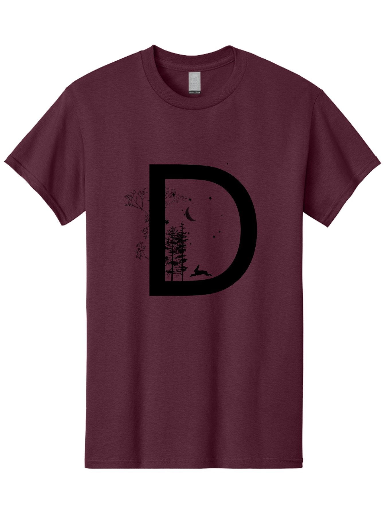 D Men'S Graphic Tee, 100% Cotton, Comfortable Casual Summer Wear, Machine Washable, Whimsical Letter D, Forest Silhouettes, Crescent Moon, Stars, Leaping Deer, Nighttime Scene, Dreamy Atmosphere, Typography Art, Mystical Elements, Aac300 7