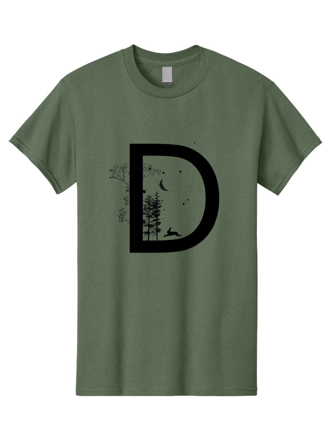 D Men'S Graphic Tee, 100% Cotton, Comfortable Casual Summer Wear, Machine Washable, Whimsical Letter D, Forest Silhouettes, Crescent Moon, Stars, Leaping Deer, Nighttime Scene, Dreamy Atmosphere, Typography Art, Mystical Elements, Aac300 11