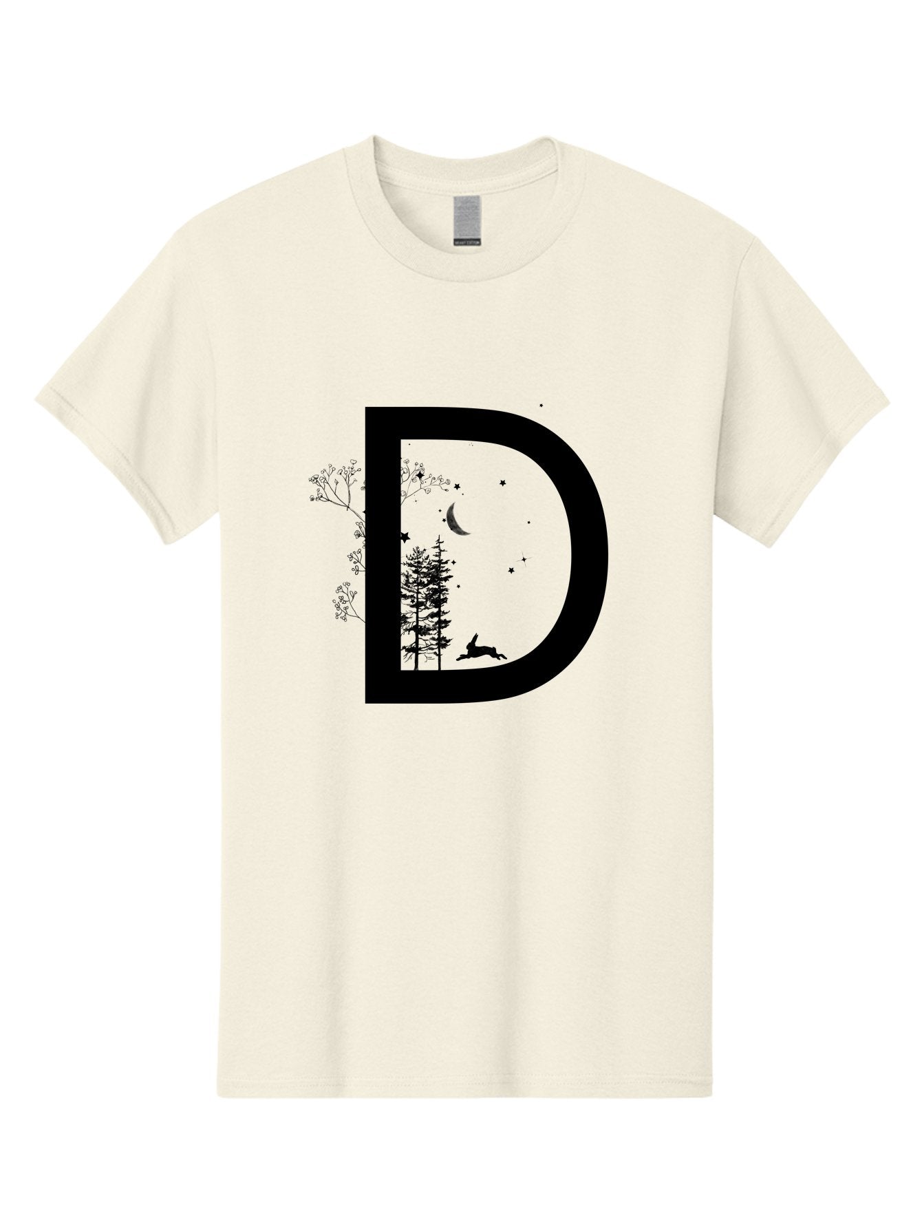 D Men'S Graphic Tee, 100% Cotton, Comfortable Casual Summer Wear, Machine Washable, Whimsical Letter D, Forest Silhouettes, Crescent Moon, Stars, Leaping Deer, Nighttime Scene, Dreamy Atmosphere, Typography Art, Mystical Elements, Aac300 3